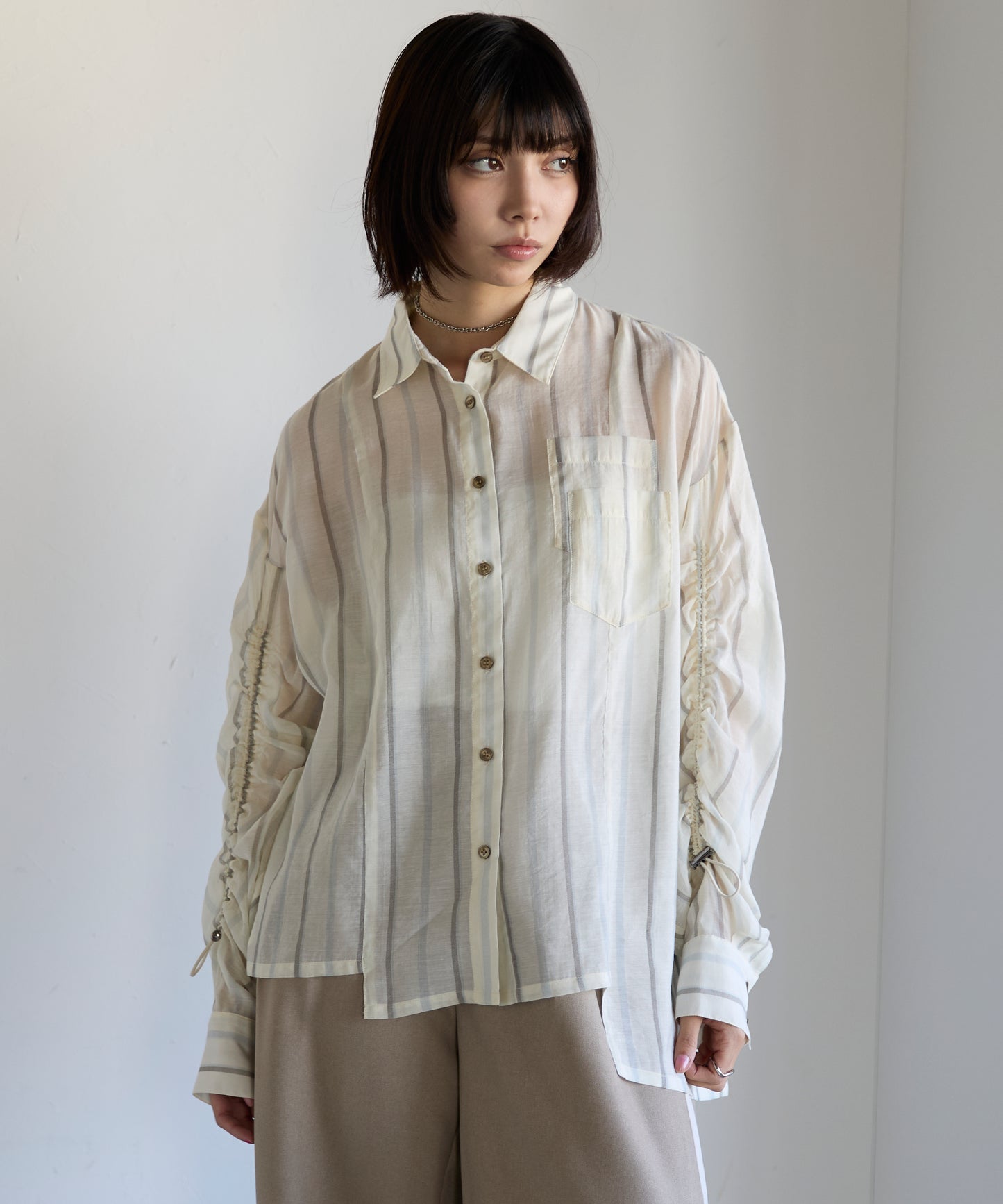 Drawstring Sleeve Stripe Shirt ドロストスリーブストライプシャツ