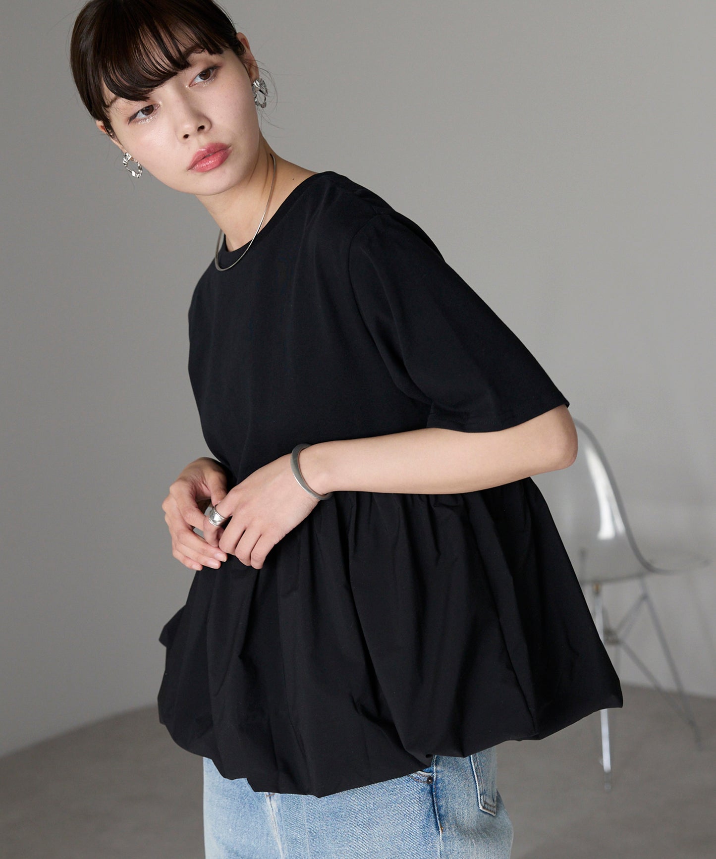 Mixed material balloon hem tops 異素材バルーントップス