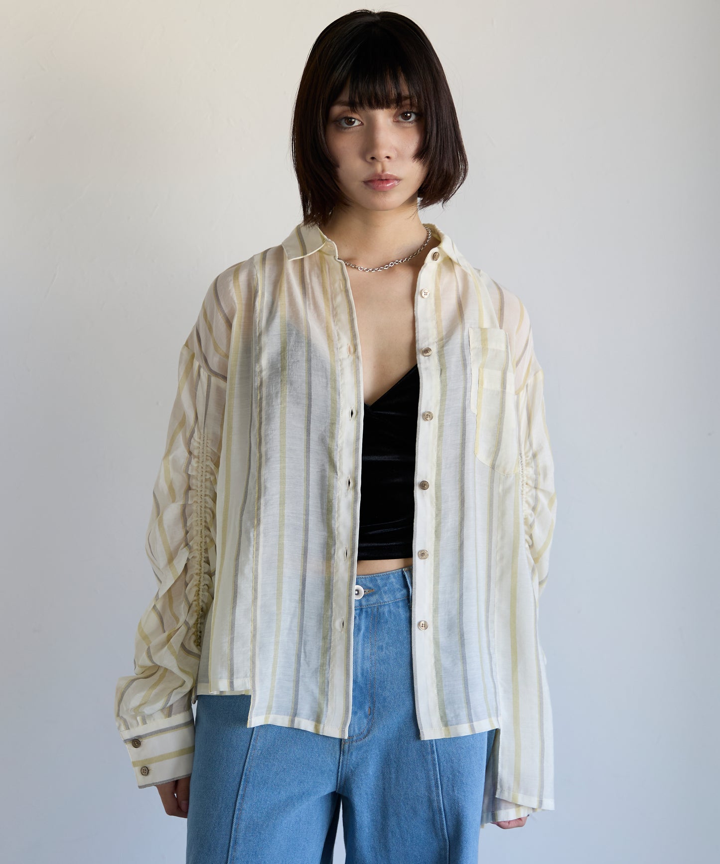 Drawstring Sleeve Stripe Shirt　ドロストスリーブストライプシャツ