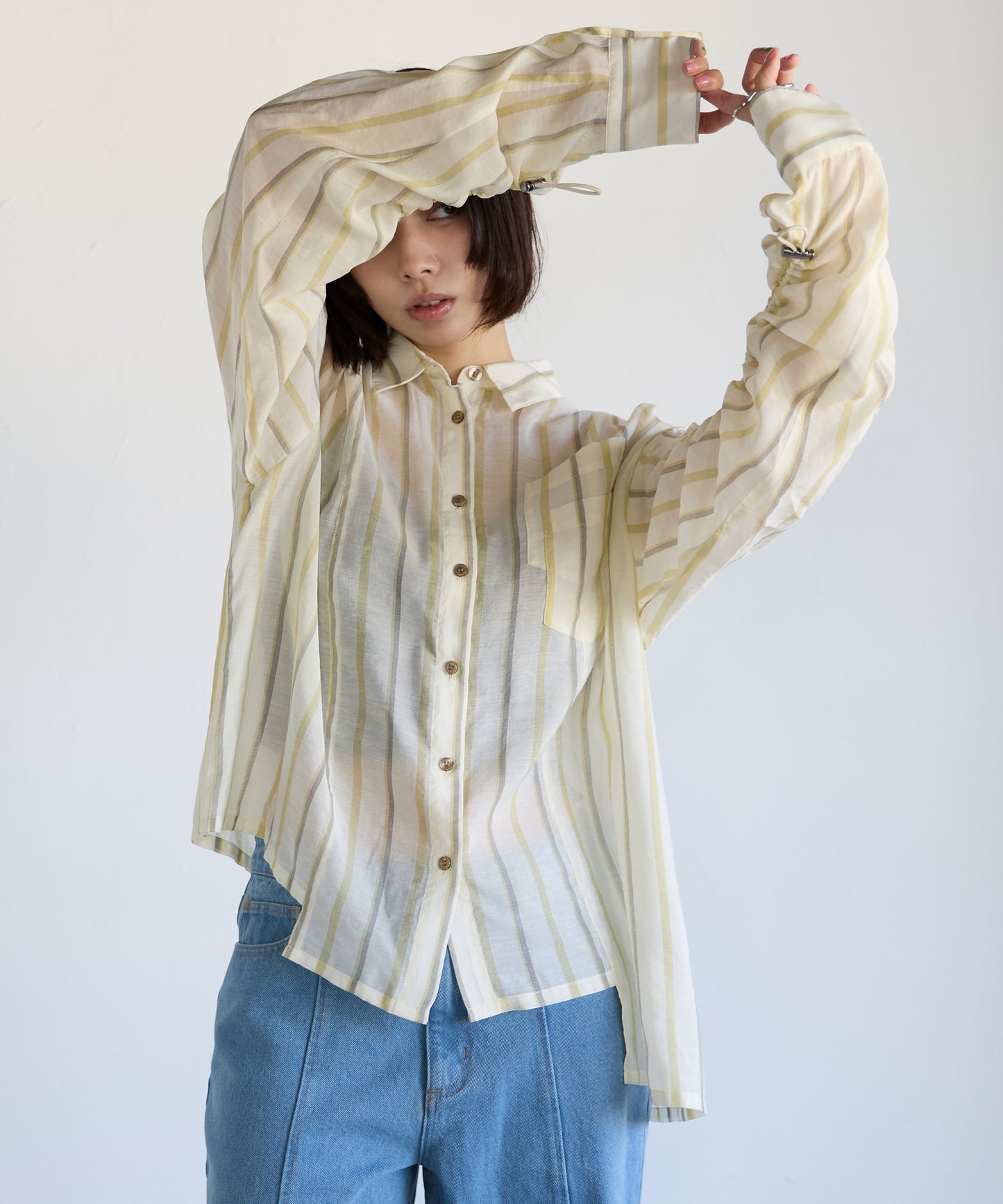 Drawstring Sleeve Stripe Shirt　ドロストスリーブストライプシャツ