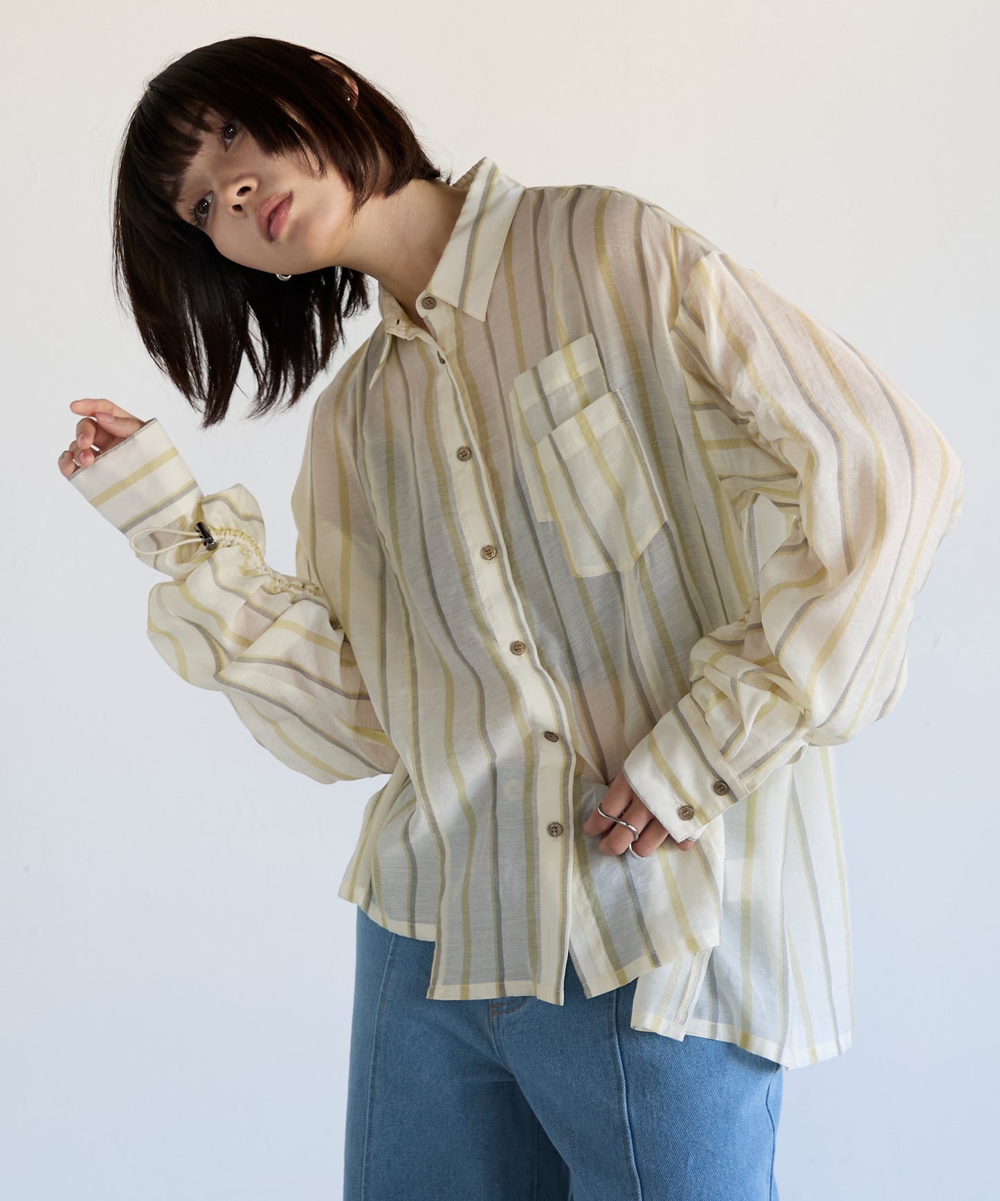 Drawstring Sleeve Stripe Shirt　ドロストスリーブストライプシャツ