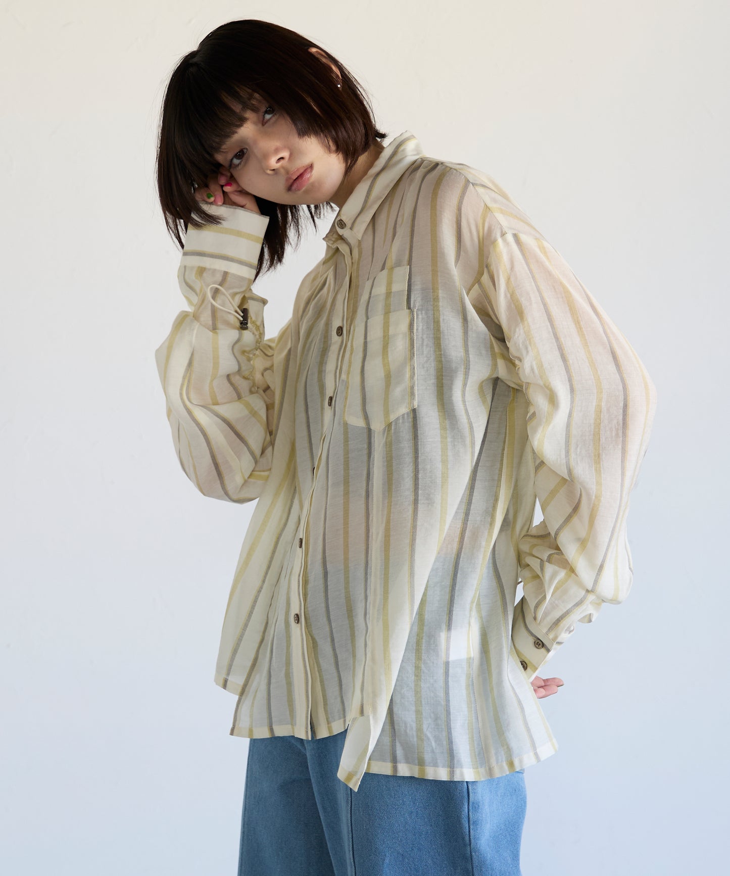 Drawstring Sleeve Stripe Shirt　ドロストスリーブストライプシャツ