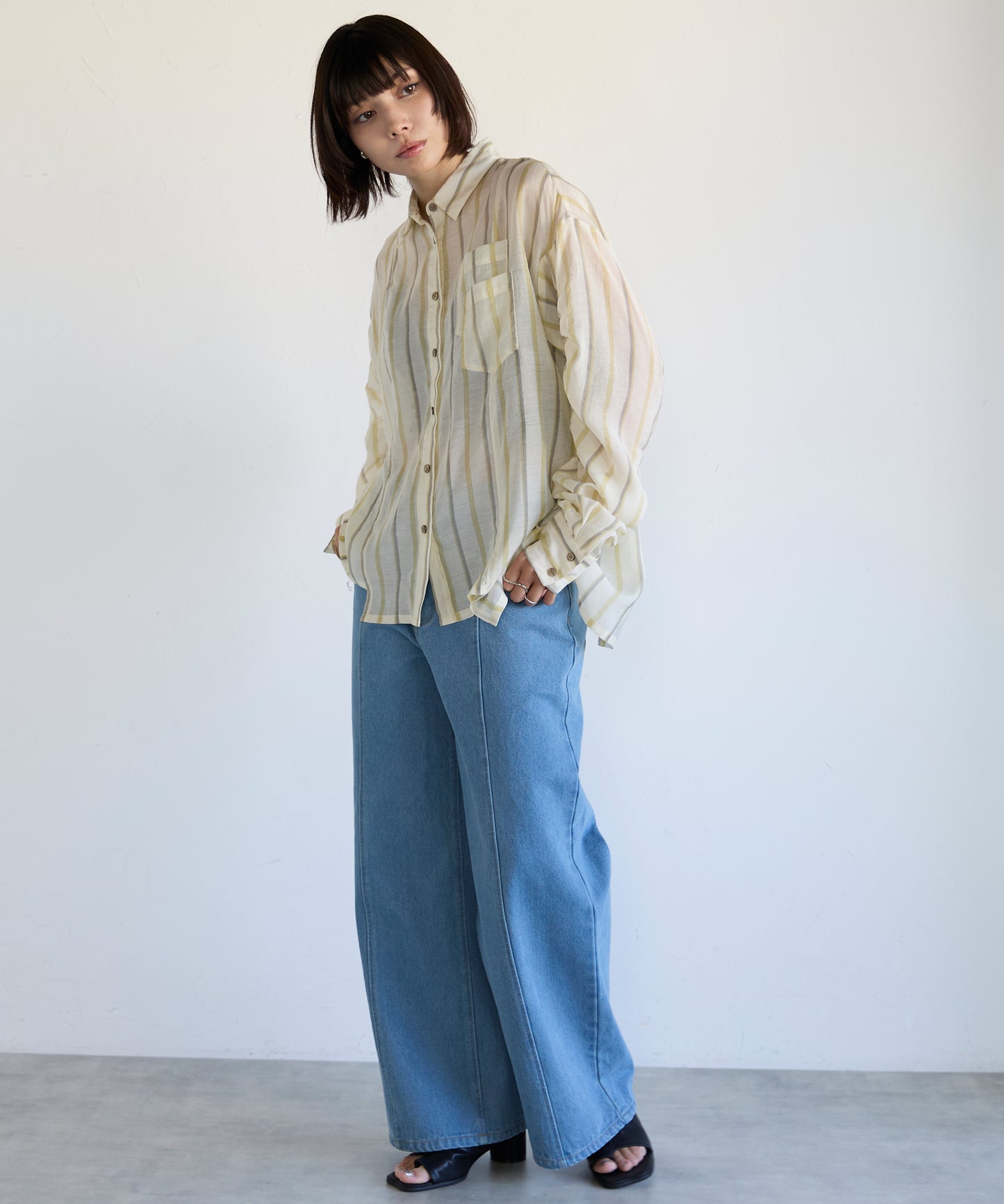 Drawstring Sleeve Stripe Shirt　ドロストスリーブストライプシャツ