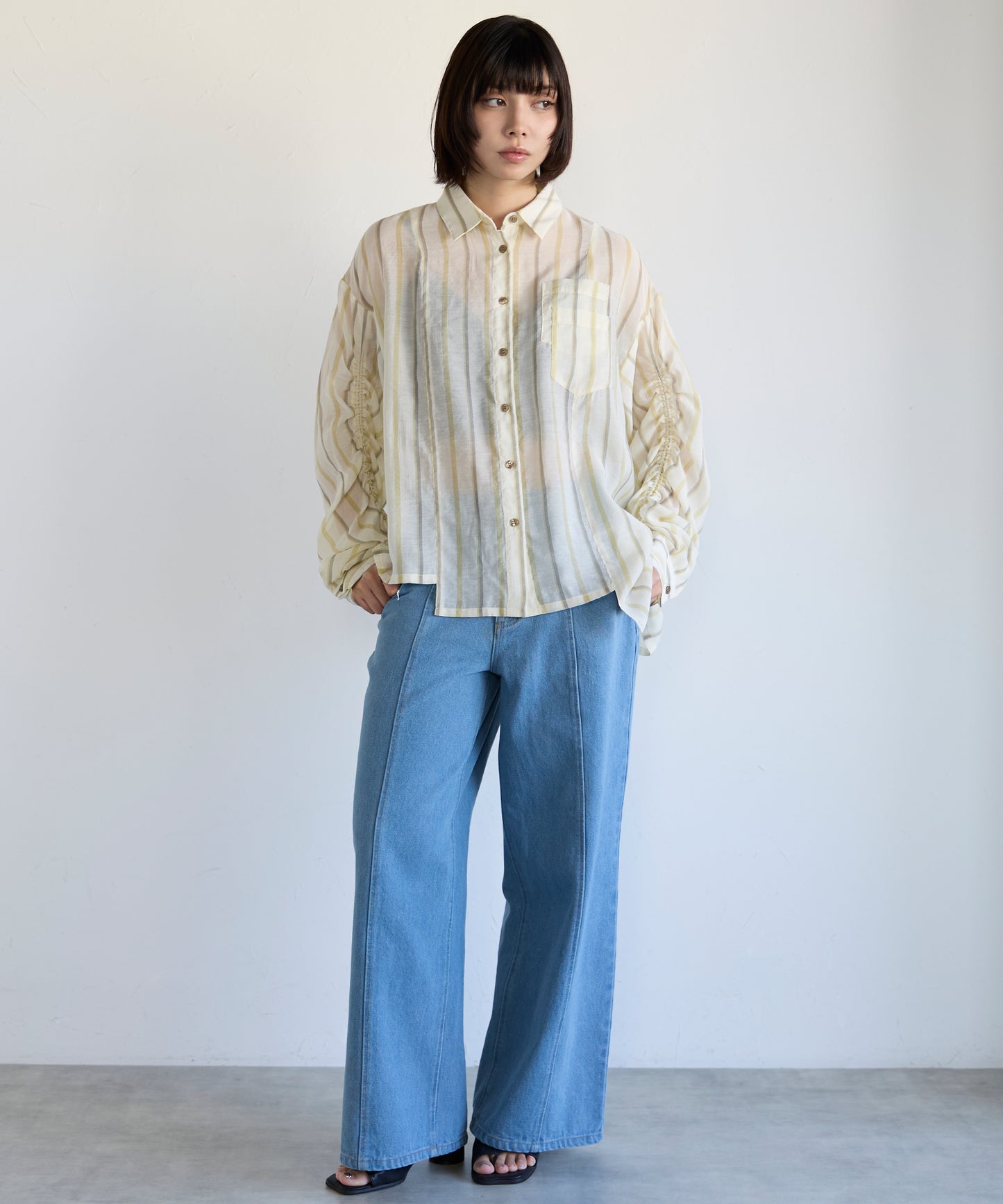 Drawstring Sleeve Stripe Shirt　ドロストスリーブストライプシャツ