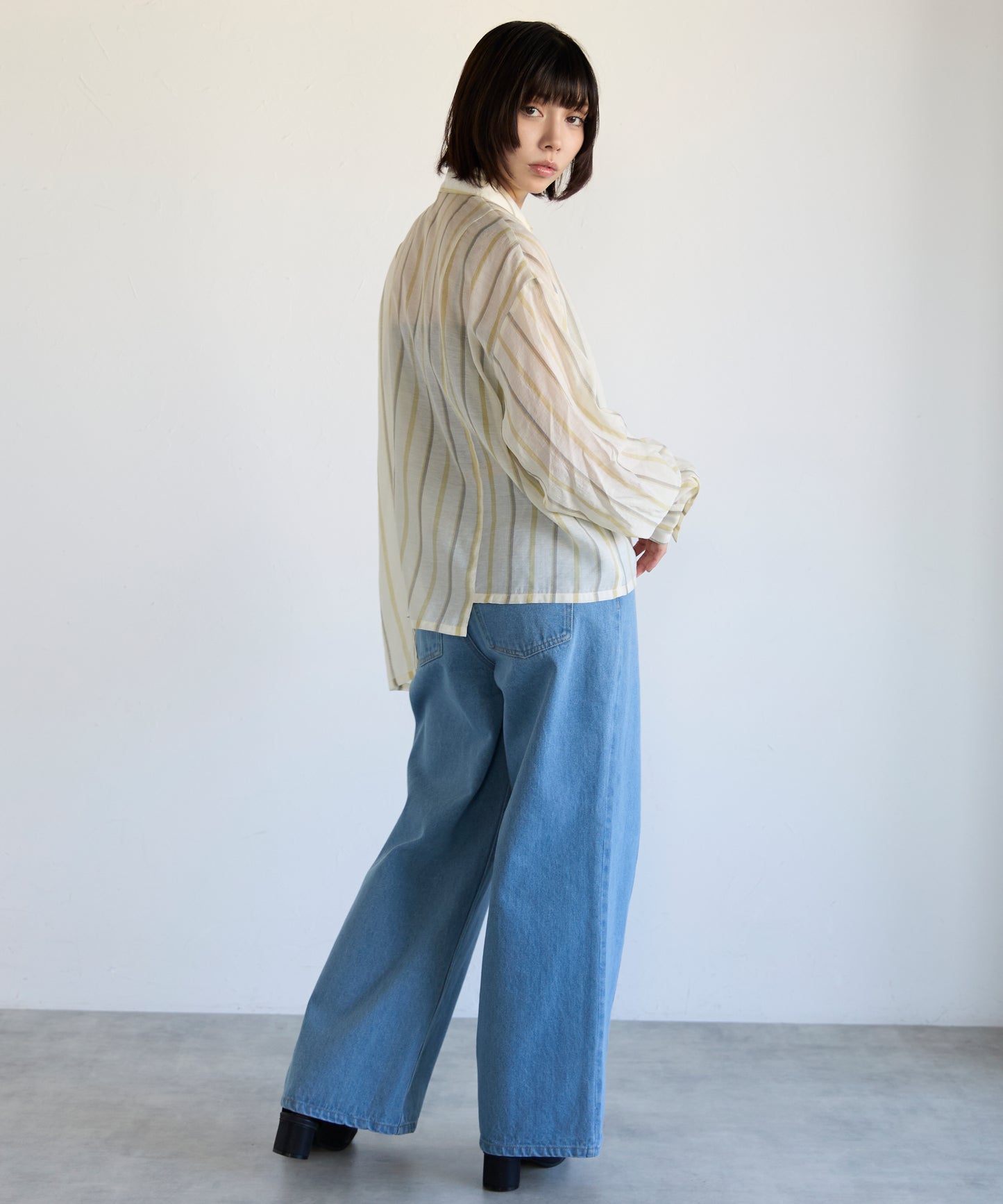 Drawstring Sleeve Stripe Shirt　ドロストスリーブストライプシャツ