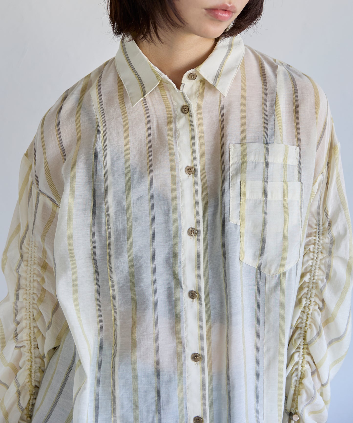 Drawstring Sleeve Stripe Shirt　ドロストスリーブストライプシャツ