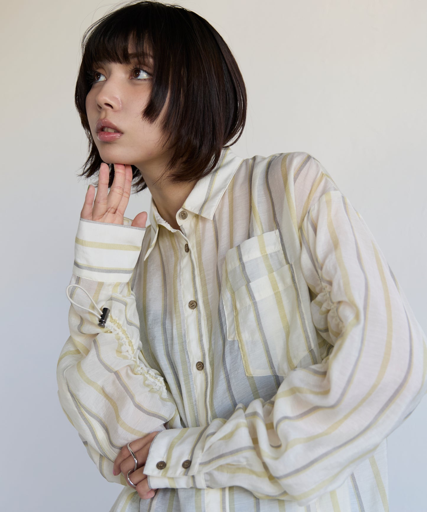 Drawstring Sleeve Stripe Shirt　ドロストスリーブストライプシャツ