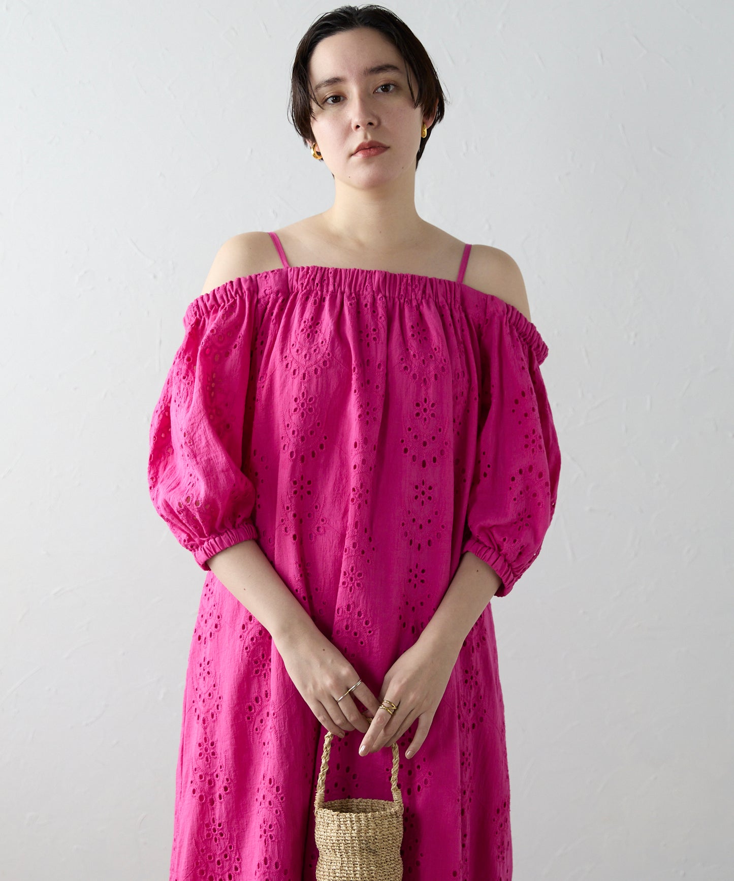 Indian cut work off shoulder one-piece　インドカットワークオフショルワンピ