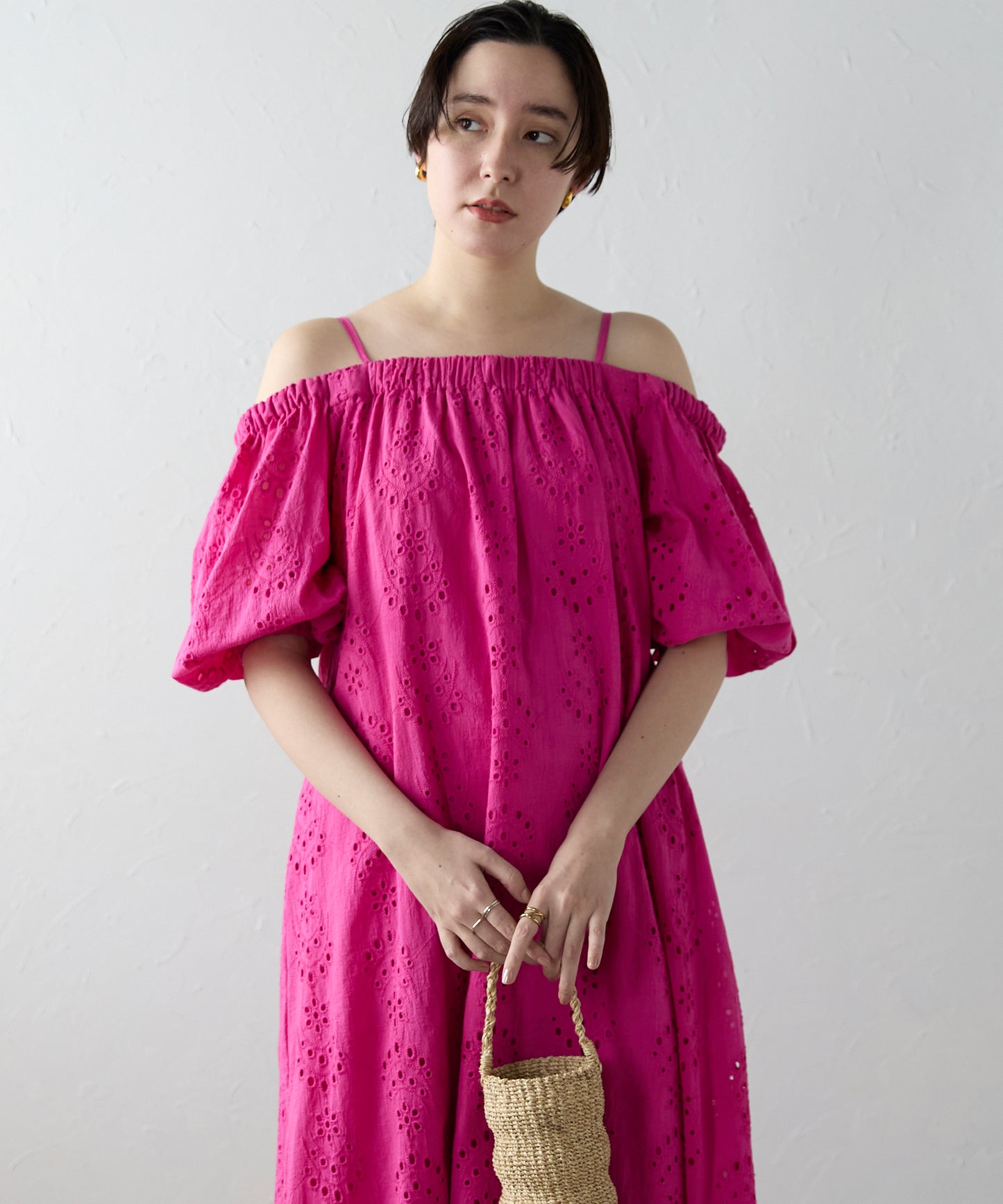 Indian cut work off shoulder one-piece　インドカットワークオフショルワンピ