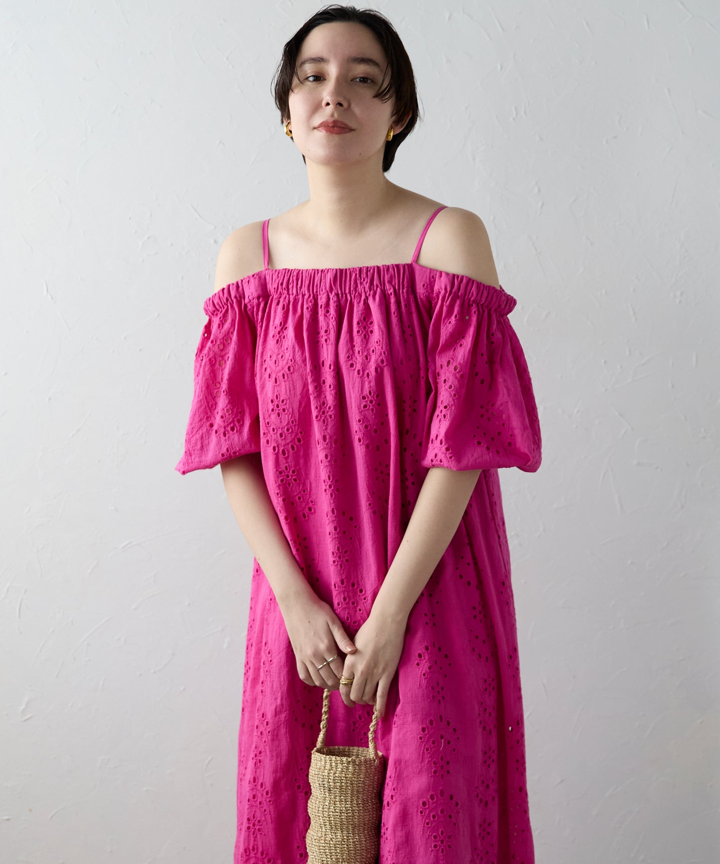 Indian cut work off shoulder one-piece　インドカットワークオフショルワンピ