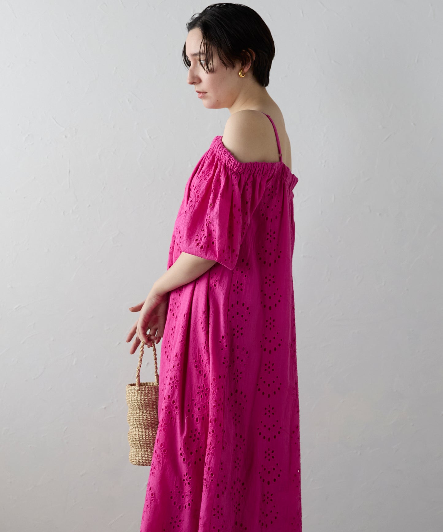 Indian cut work off shoulder one-piece　インドカットワークオフショルワンピ
