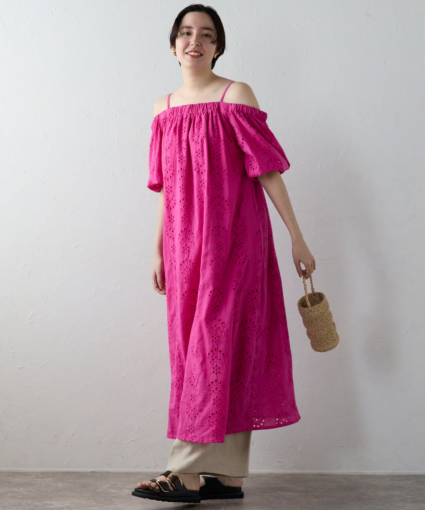 Indian cut work off shoulder one-piece　インドカットワークオフショルワンピ