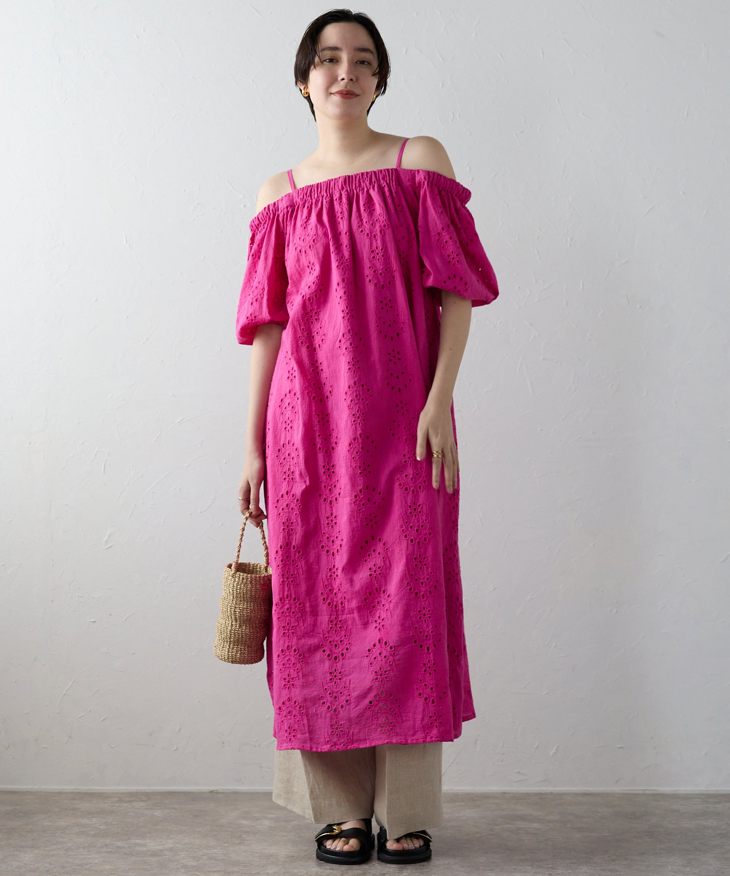 Indian cut work off shoulder one-piece　インドカットワークオフショルワンピ