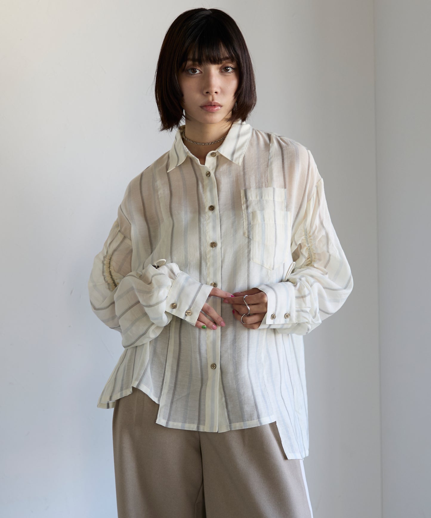 Drawstring Sleeve Stripe Shirt　ドロストスリーブストライプシャツ