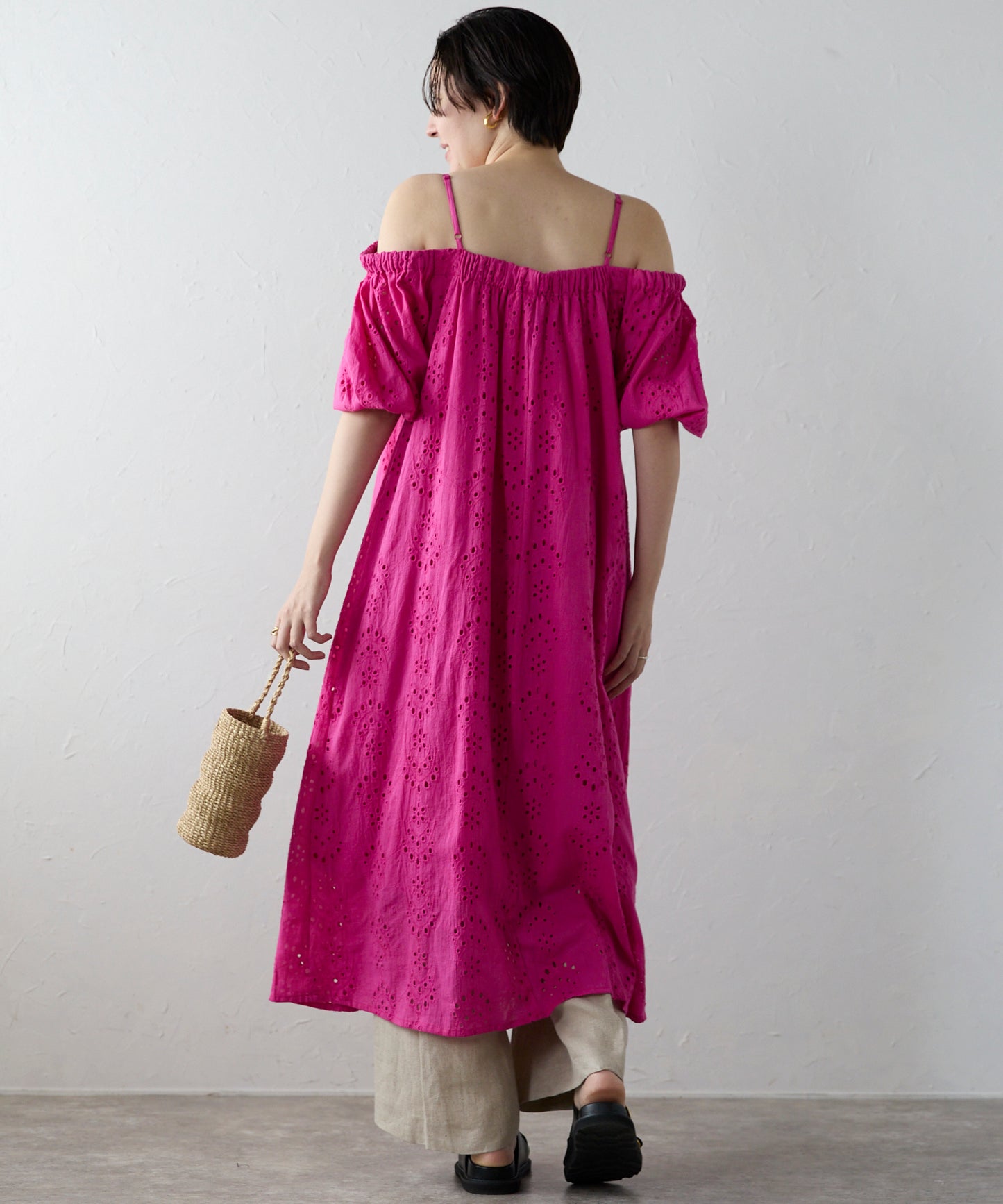 Indian cut work off shoulder one-piece　インドカットワークオフショルワンピ