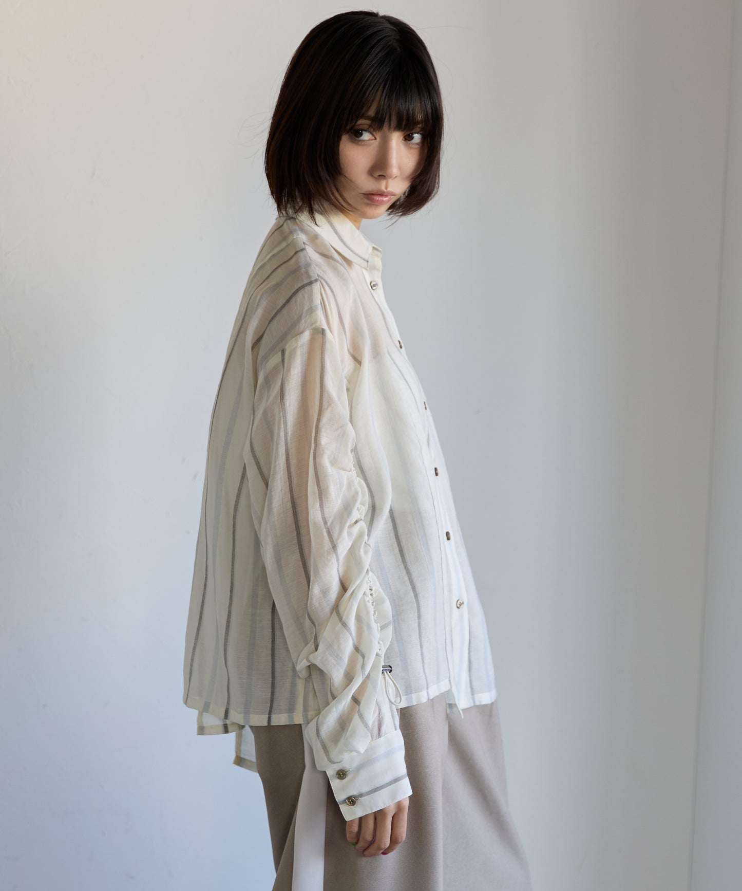 Drawstring Sleeve Stripe Shirt　ドロストスリーブストライプシャツ