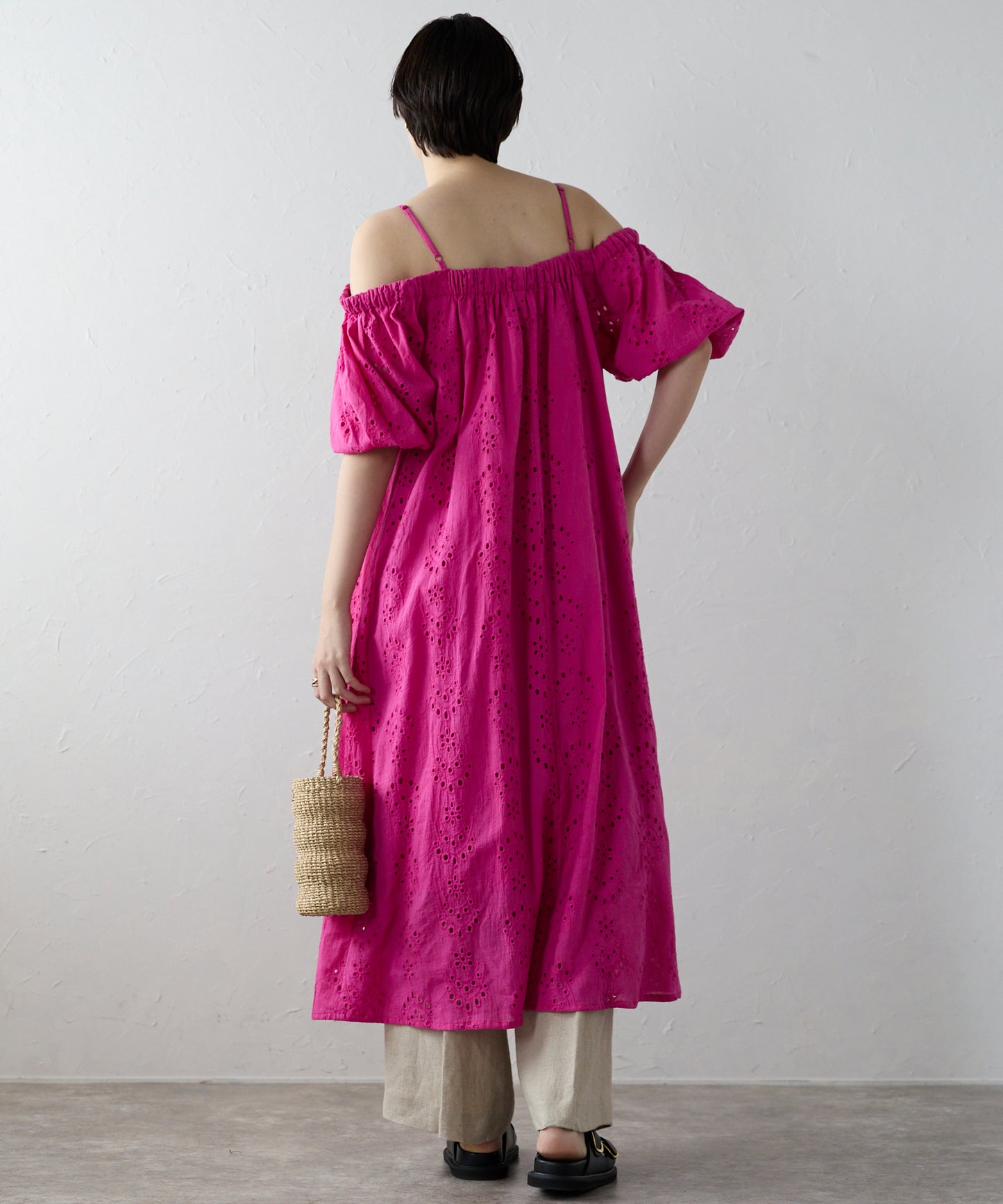 Indian cut work off shoulder one-piece　インドカットワークオフショルワンピ