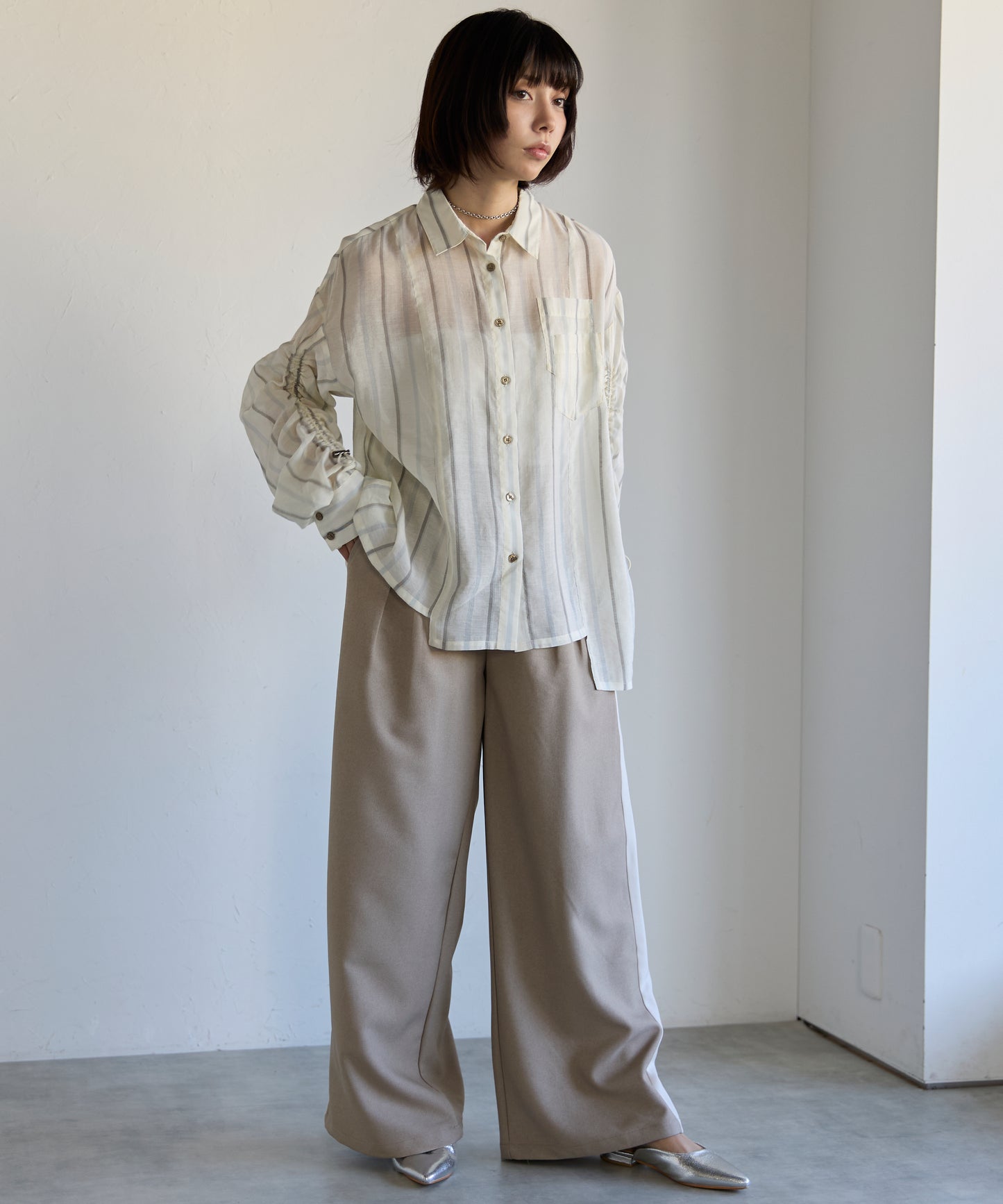 Drawstring Sleeve Stripe Shirt　ドロストスリーブストライプシャツ