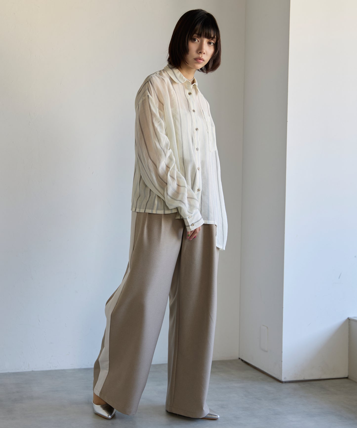 Drawstring Sleeve Stripe Shirt　ドロストスリーブストライプシャツ
