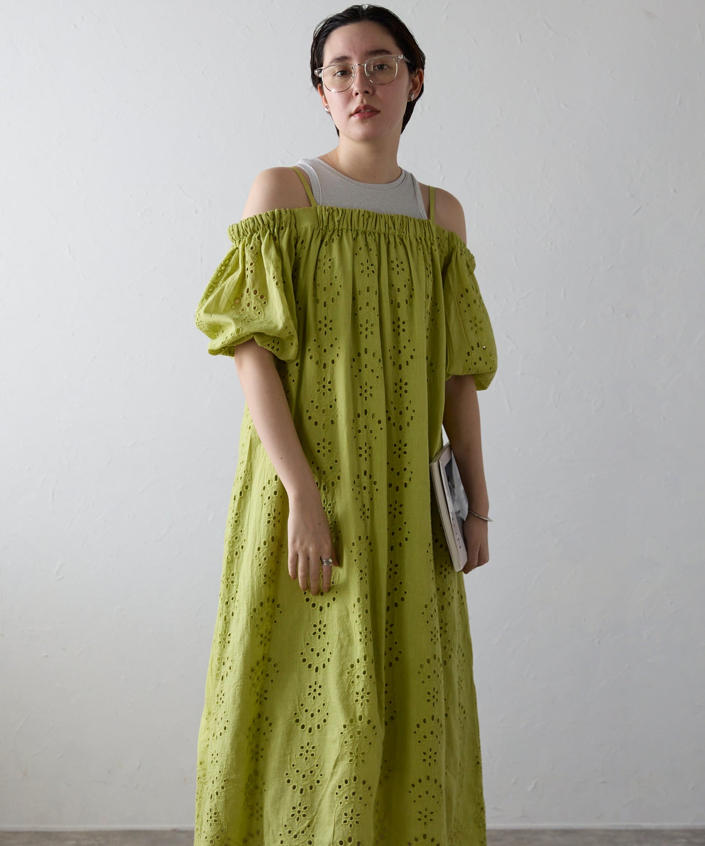 Indian cut work off shoulder one-piece　インドカットワークオフショルワンピ