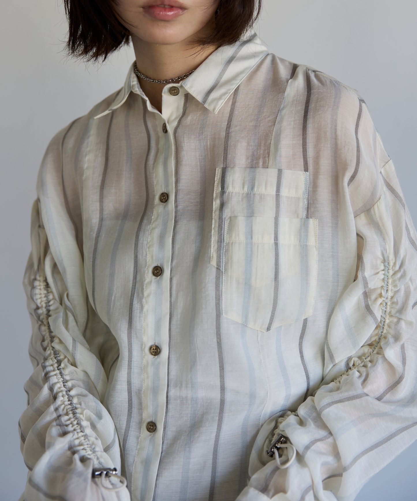 Drawstring Sleeve Stripe Shirt　ドロストスリーブストライプシャツ