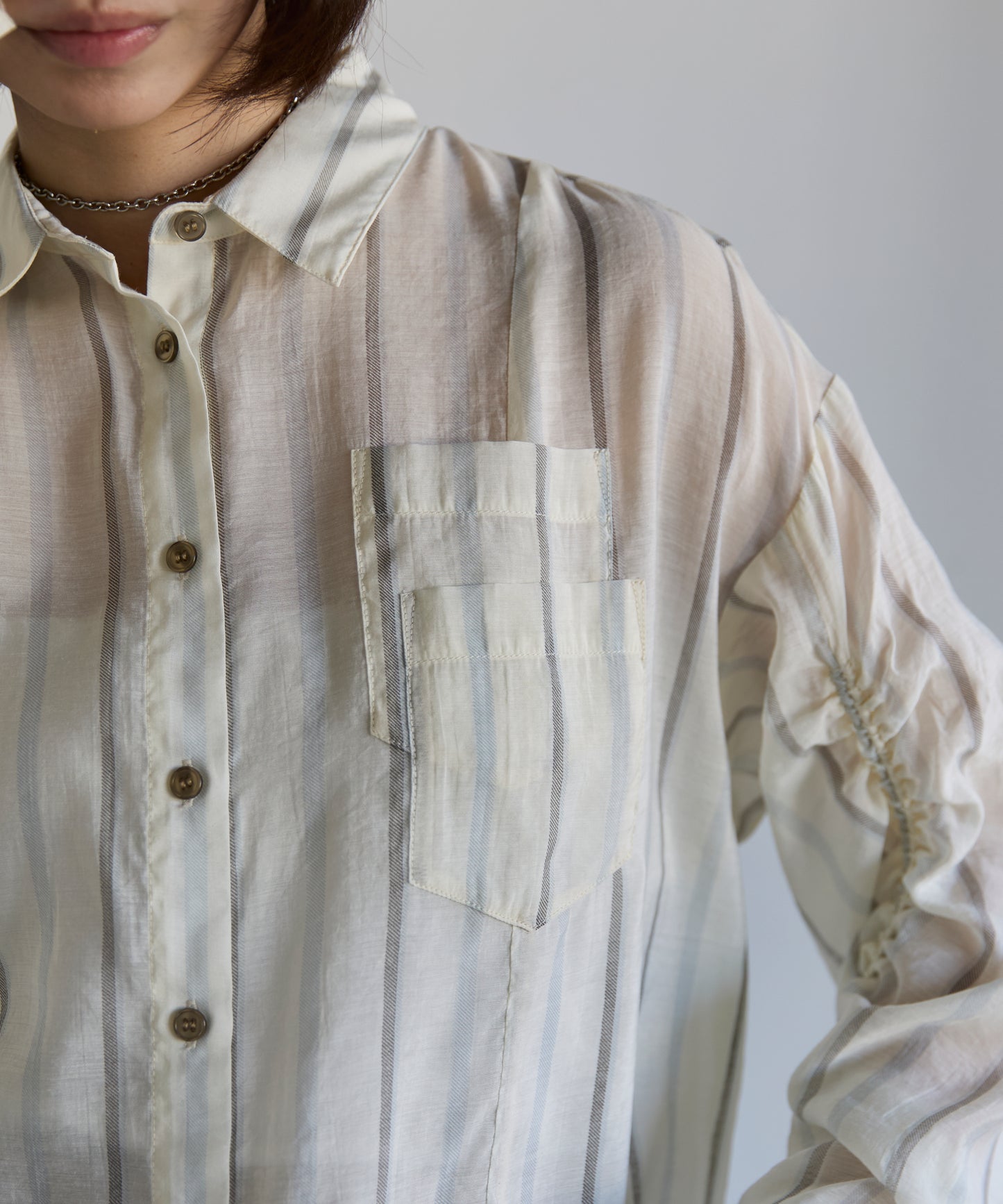 Drawstring Sleeve Stripe Shirt　ドロストスリーブストライプシャツ