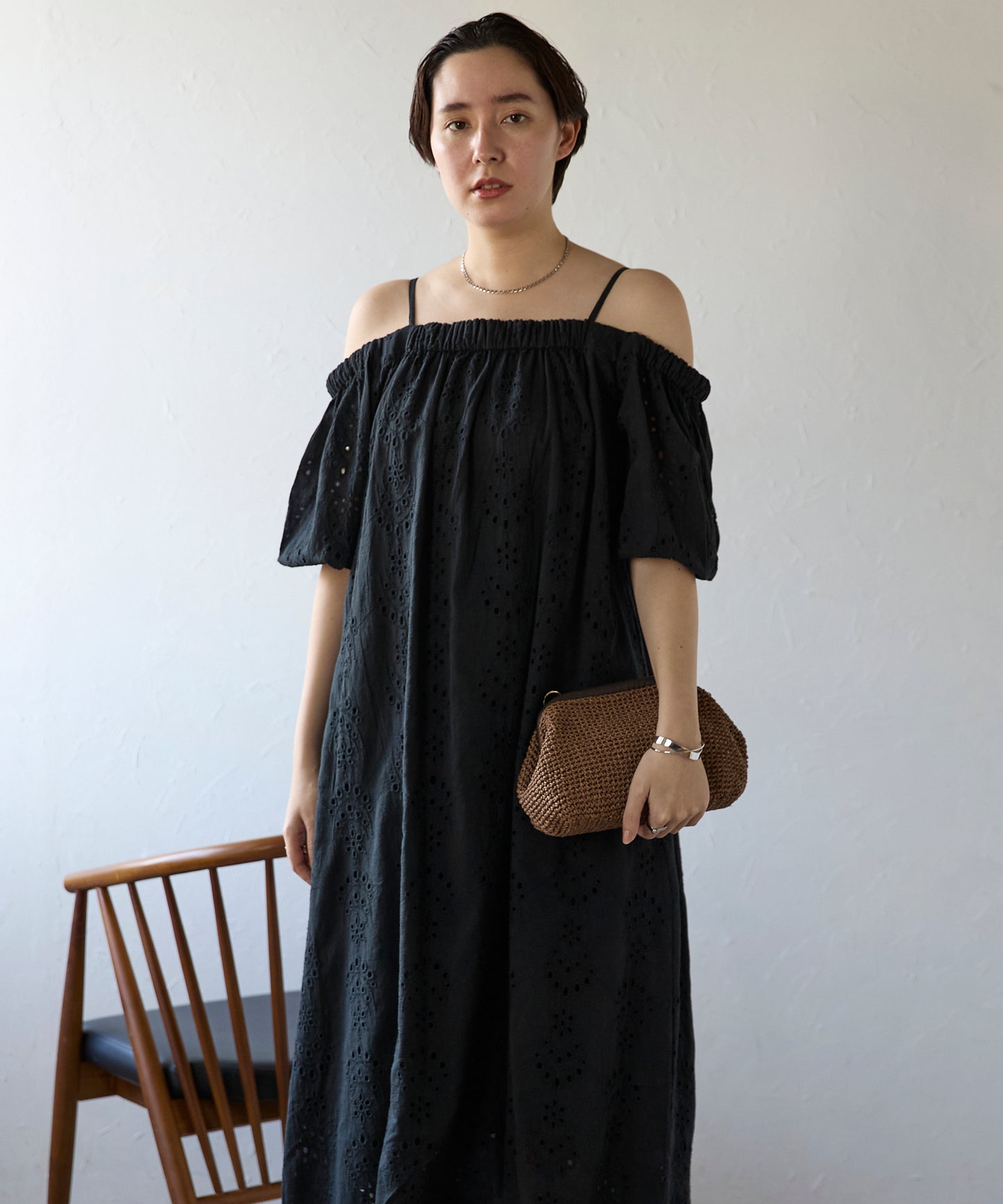 Indian cut work off shoulder one-piece　インドカットワークオフショルワンピ