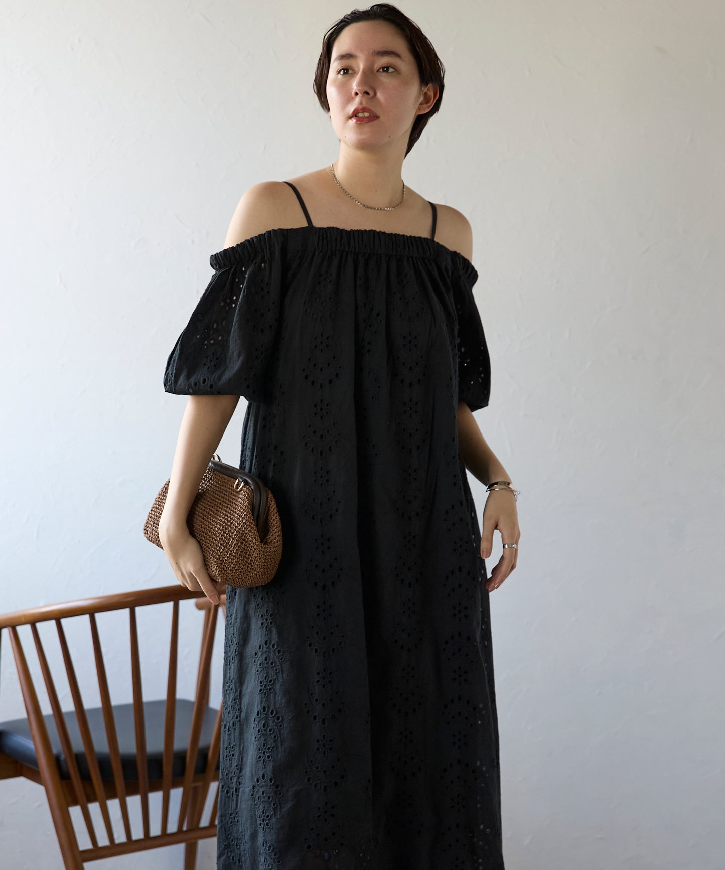 Indian cut work off shoulder one-piece　インドカットワークオフショルワンピ