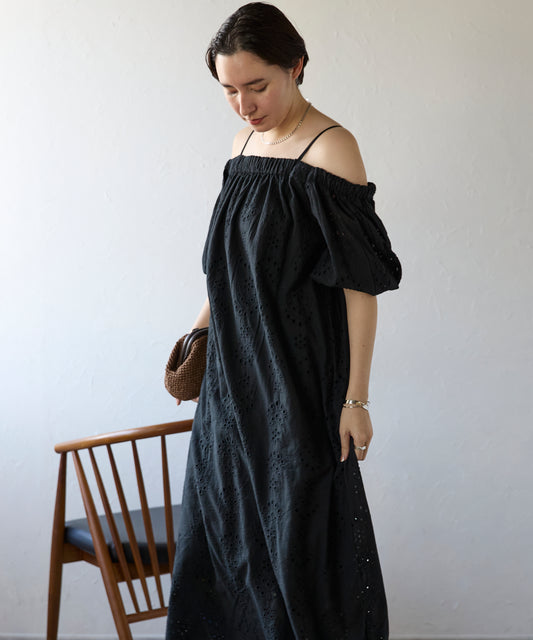 Indian cut work off shoulder one-piece　インドカットワークオフショルワンピ