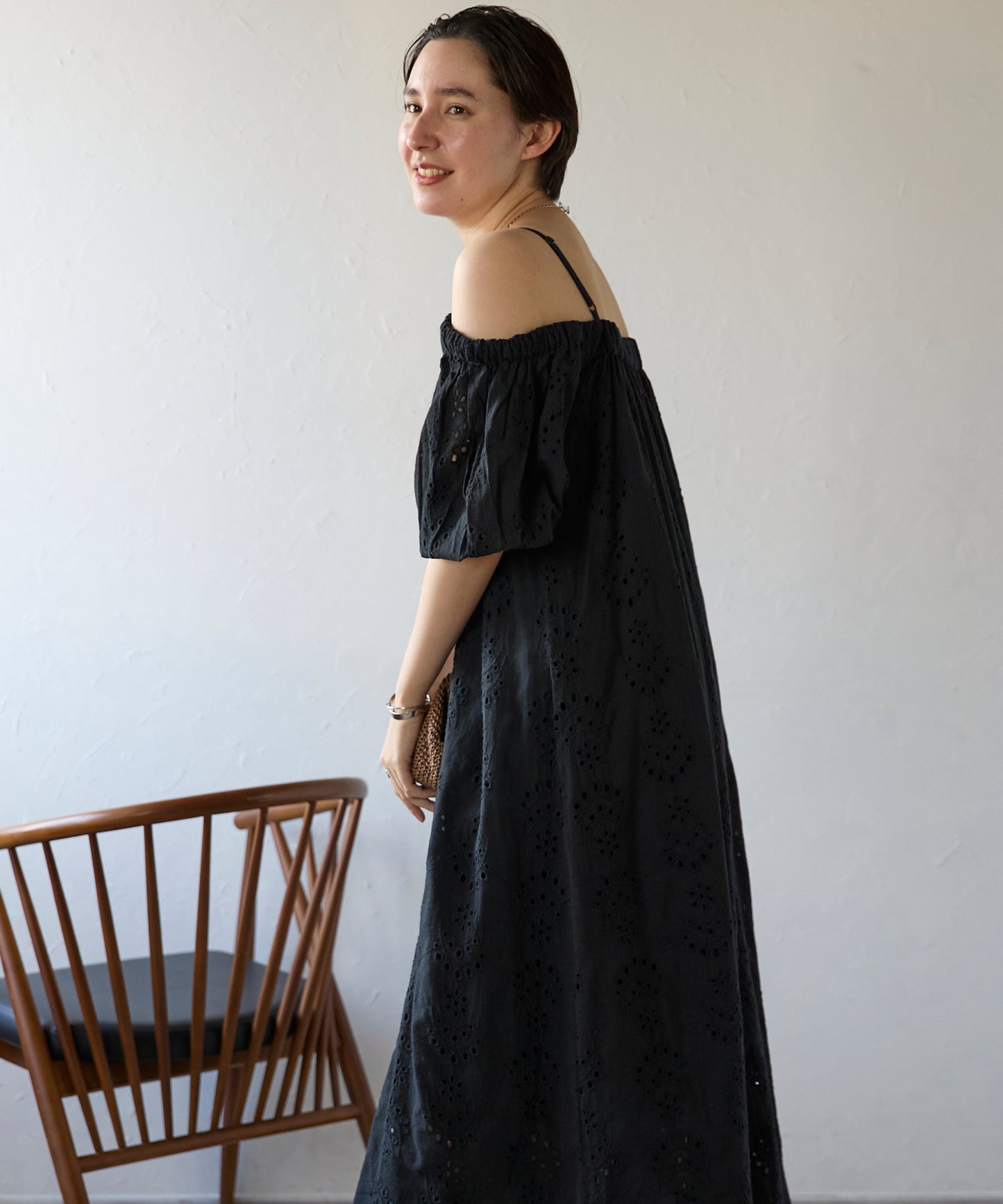 Indian cut work off shoulder one-piece　インドカットワークオフショルワンピ