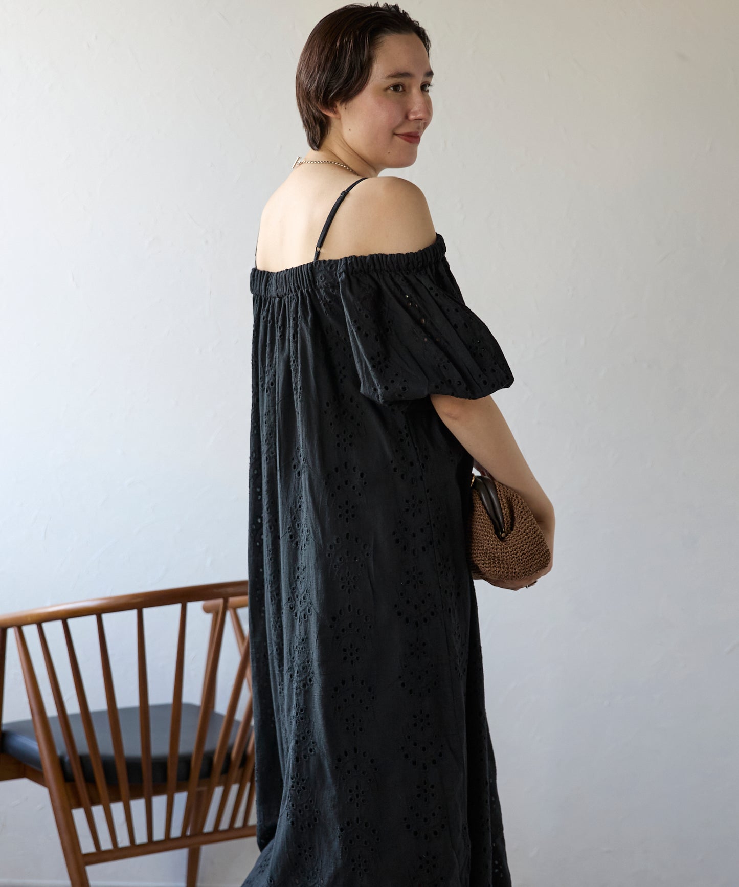 Indian cut work off shoulder one-piece　インドカットワークオフショルワンピ