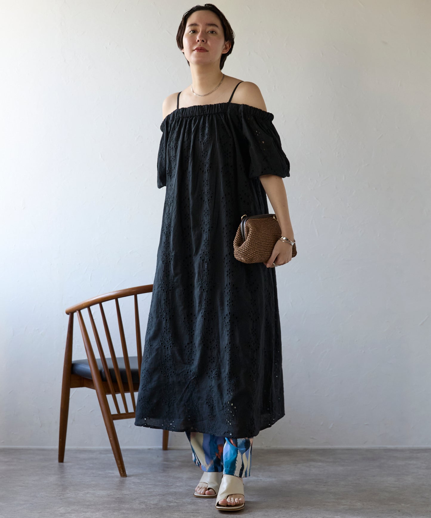 Indian cut work off shoulder one-piece　インドカットワークオフショルワンピ