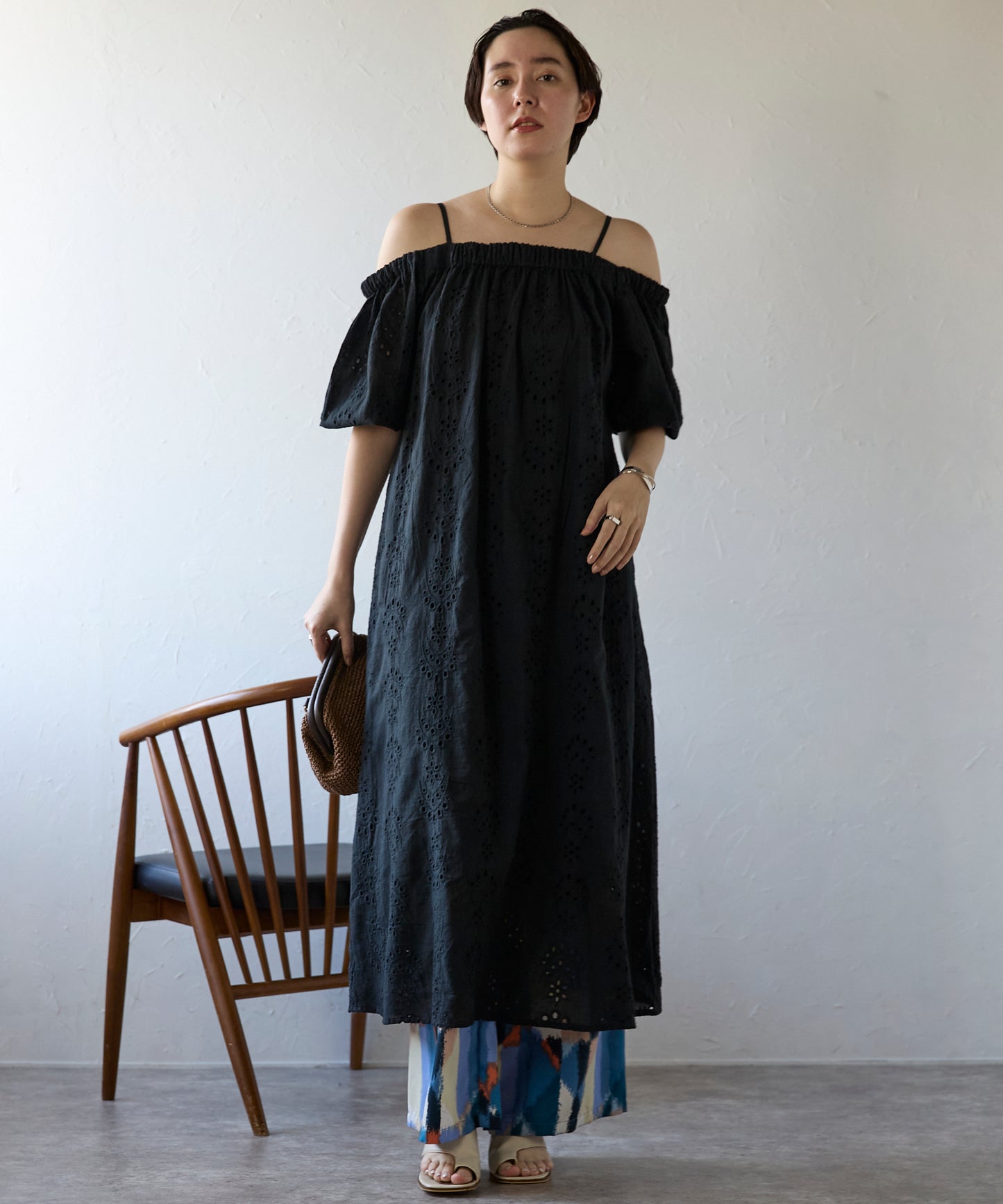 Indian cut work off shoulder one-piece　インドカットワークオフショルワンピ