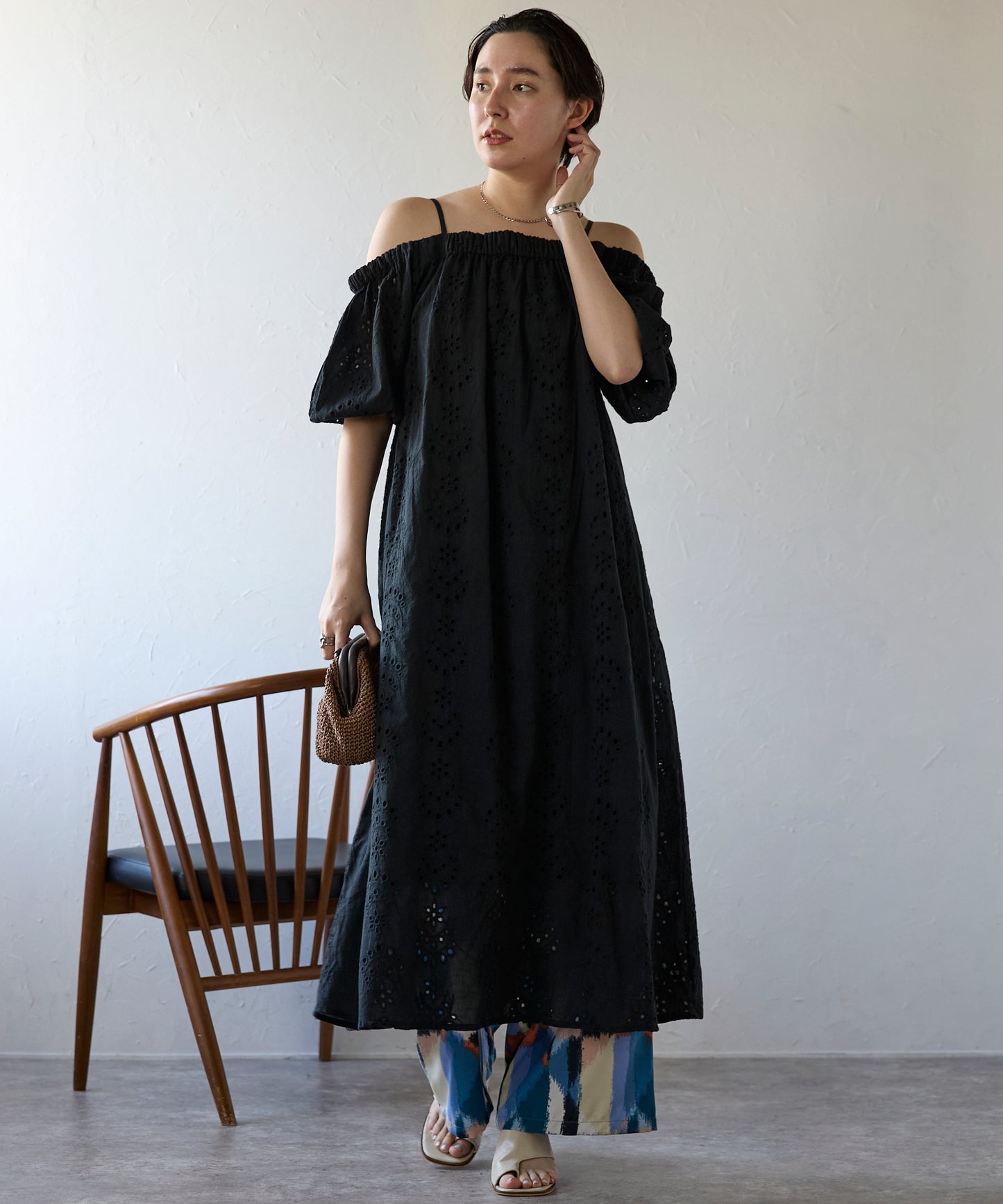 Indian cut work off shoulder one-piece　インドカットワークオフショルワンピ