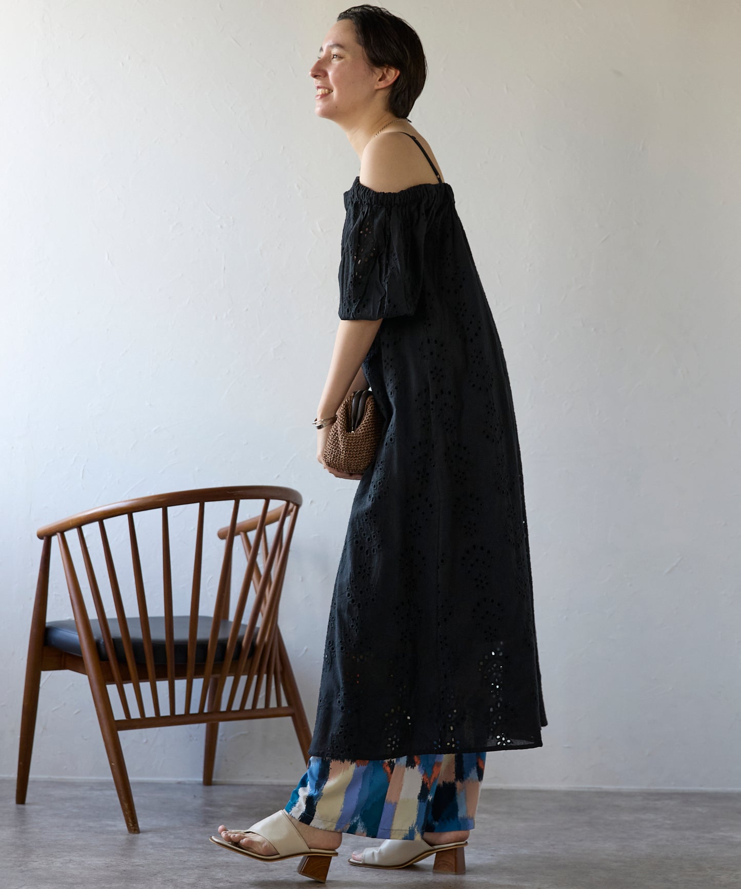 Indian cut work off shoulder one-piece　インドカットワークオフショルワンピ