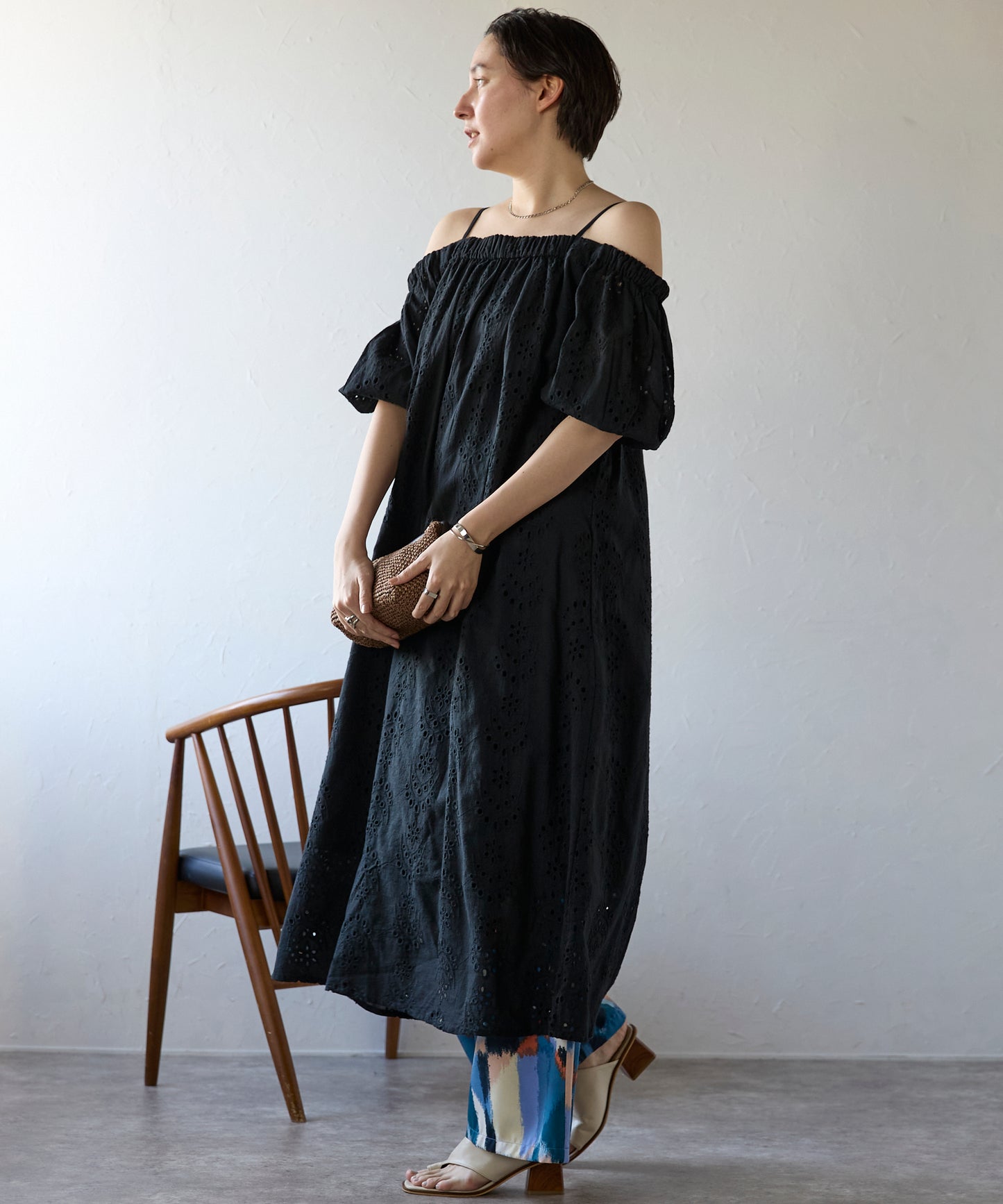 Indian cut work off shoulder one-piece　インドカットワークオフショルワンピ