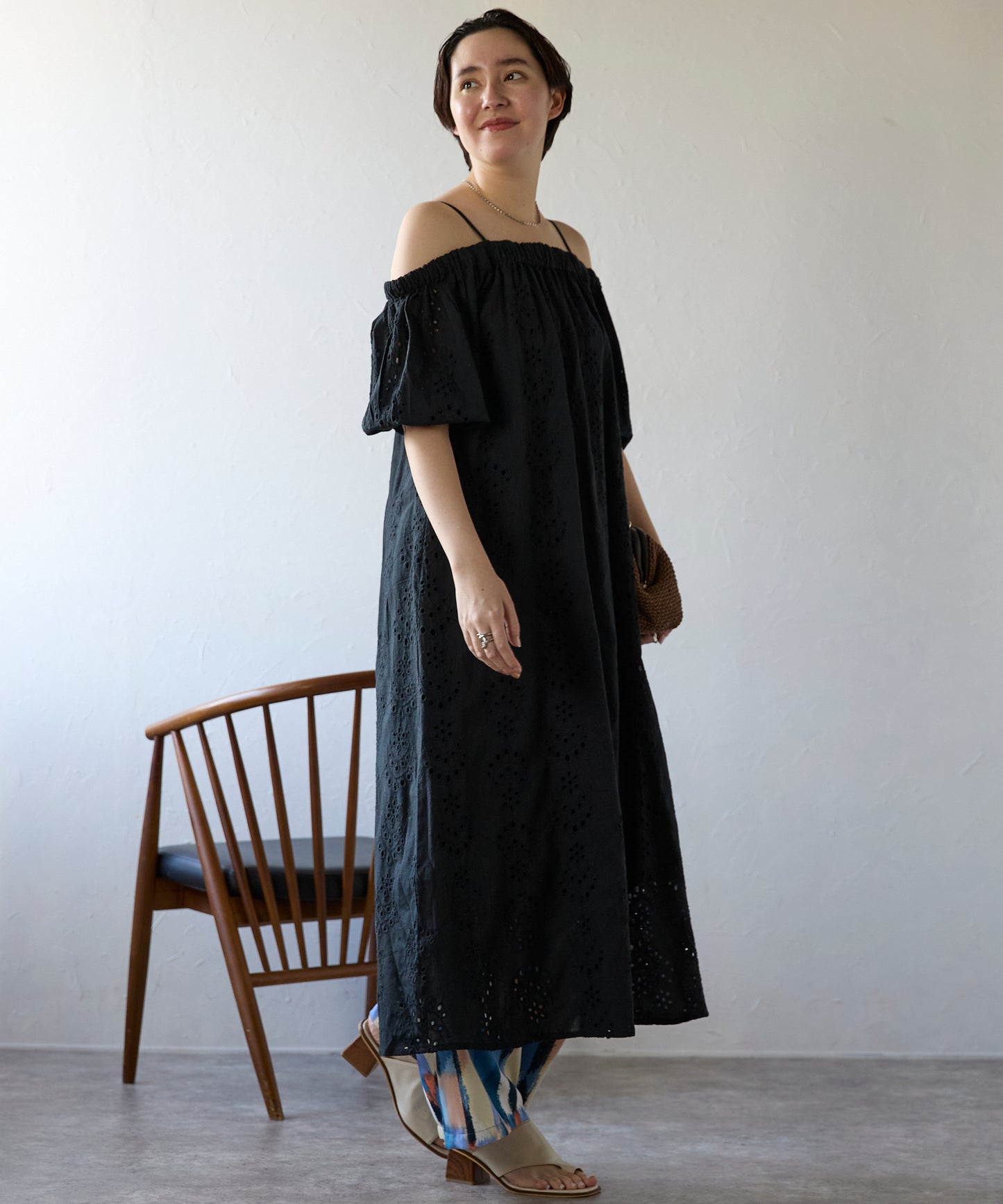 Indian cut work off shoulder one-piece　インドカットワークオフショルワンピ