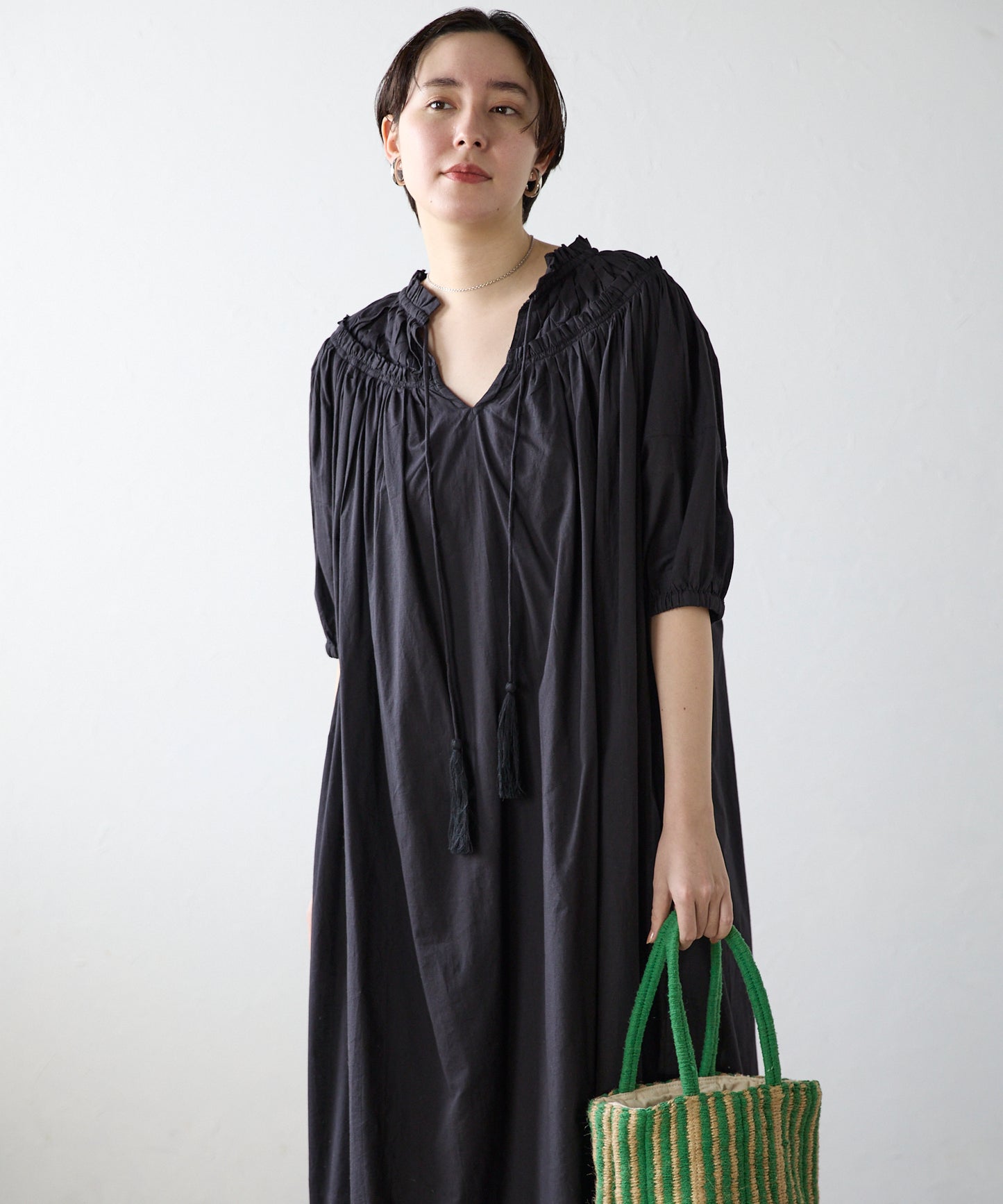 Indian cambric neck gather frill one-piece　インドキャンブリックネックギャザーフリルワンピ