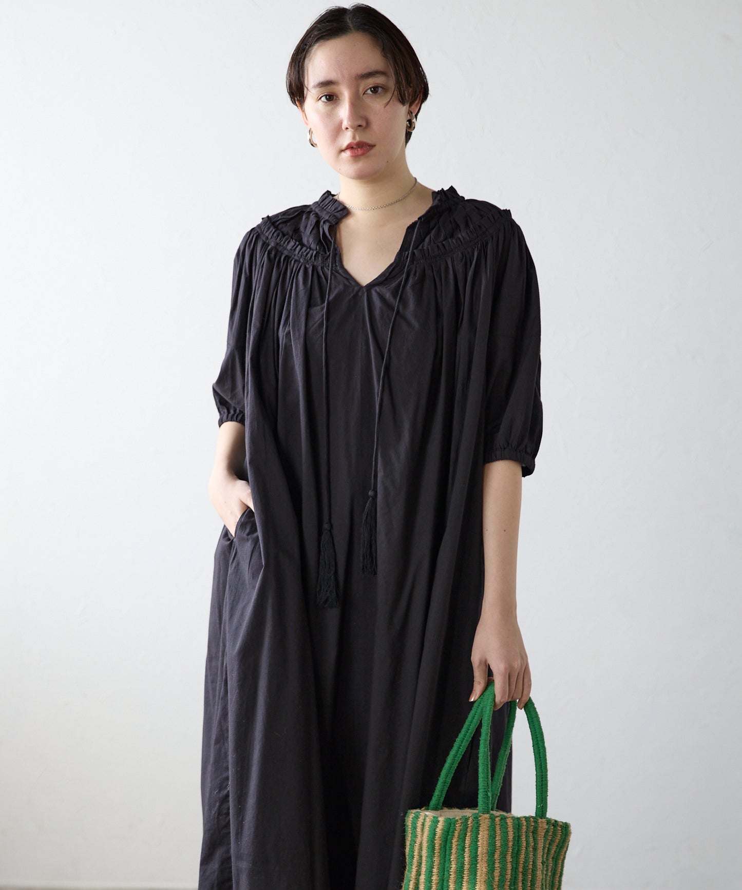 Indian cambric neck gather frill one-piece　インドキャンブリックネックギャザーフリルワンピ