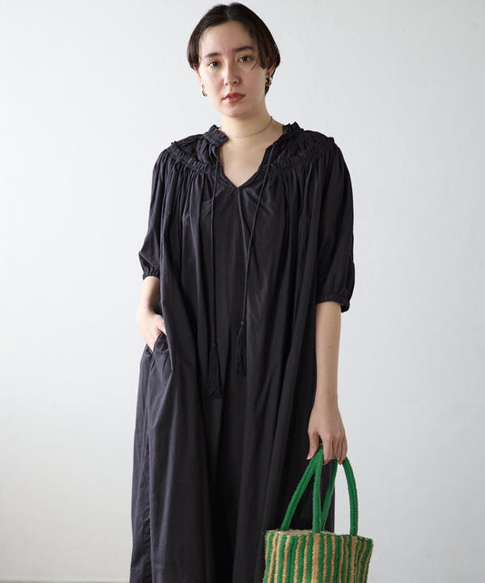 Indian cambric neck gather frill one-piece　インドキャンブリックネックギャザーフリルワンピ