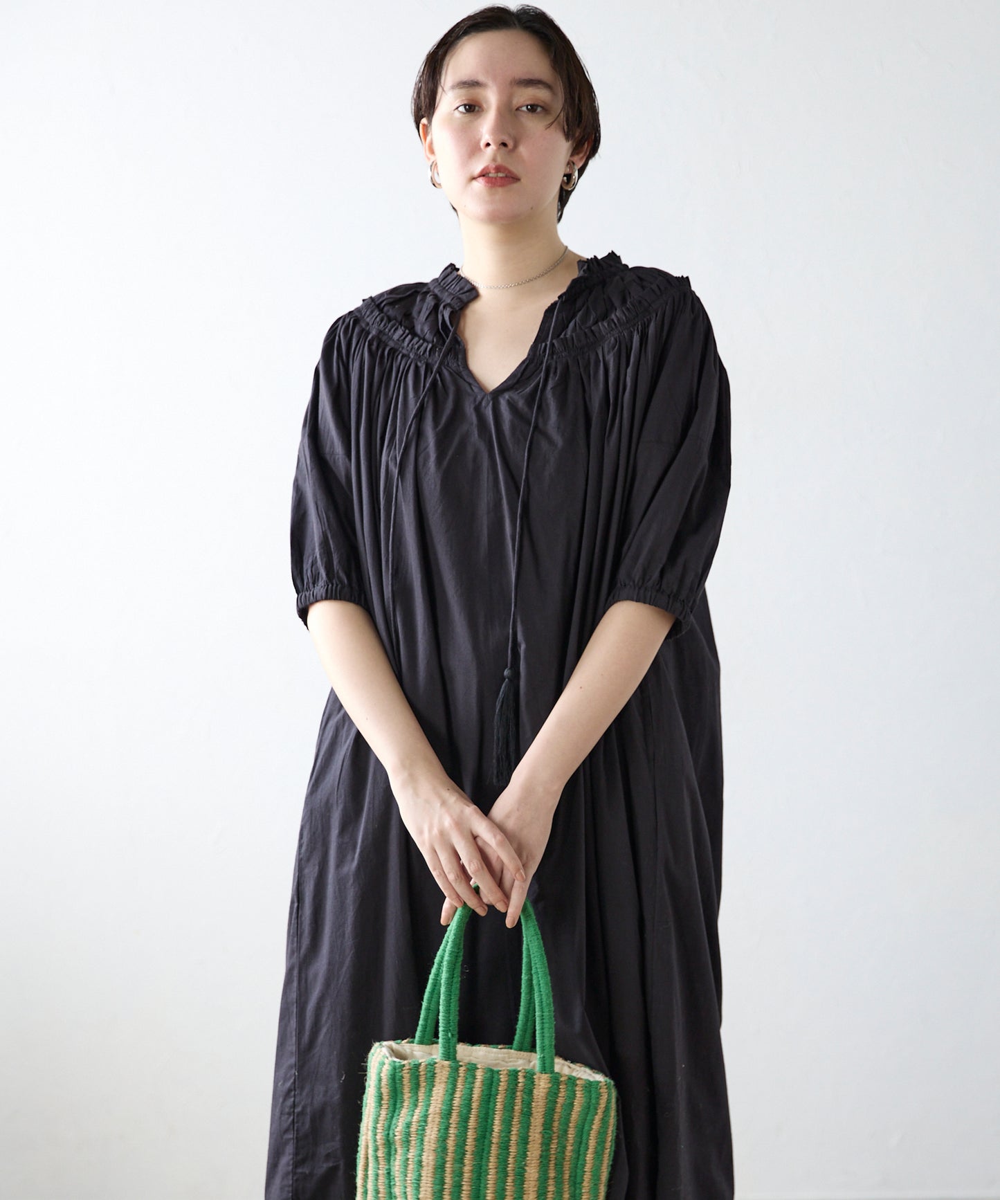 Indian cambric neck gather frill one-piece　インドキャンブリックネックギャザーフリルワンピ