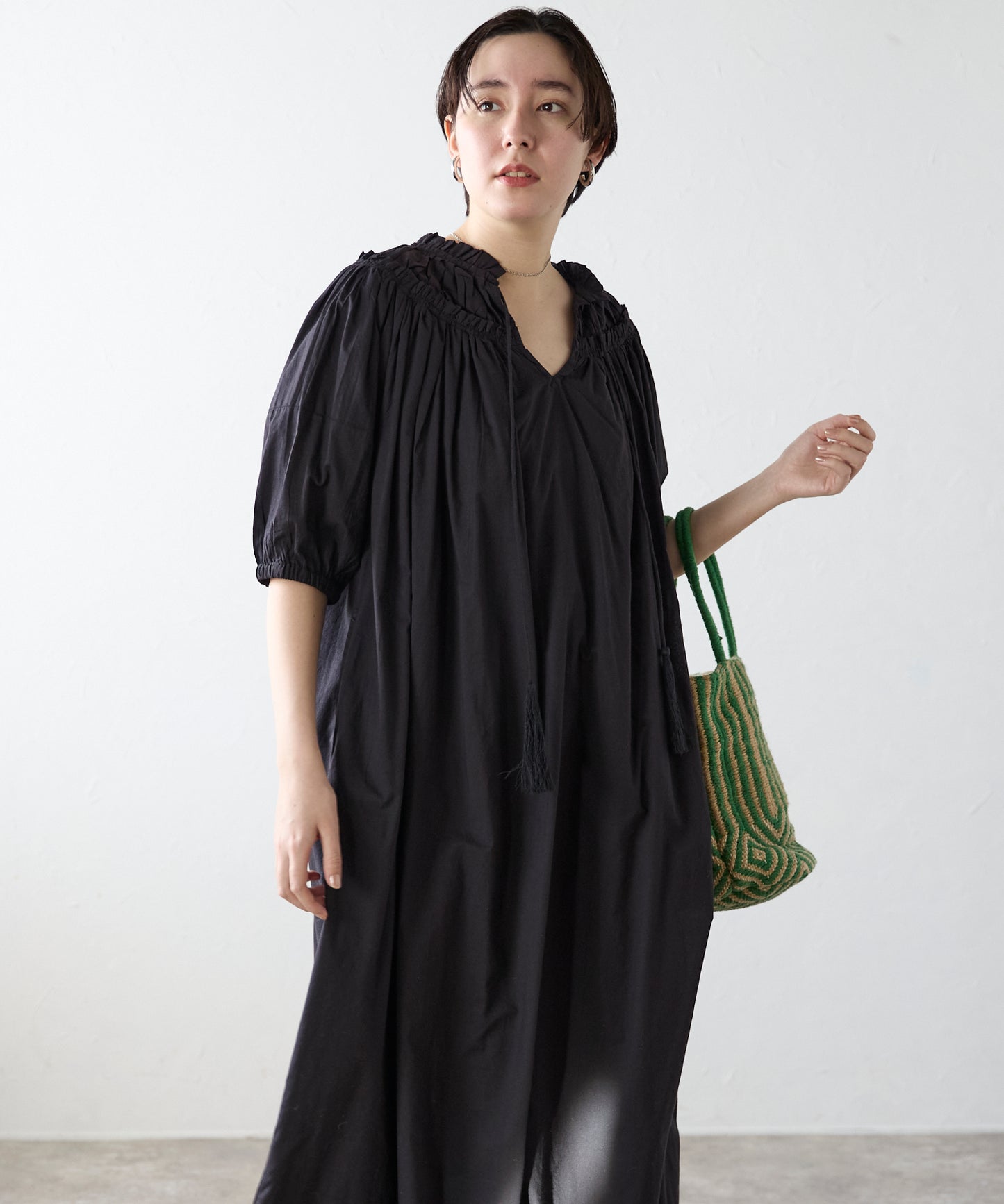 Indian cambric neck gather frill one-piece　インドキャンブリックネックギャザーフリルワンピ