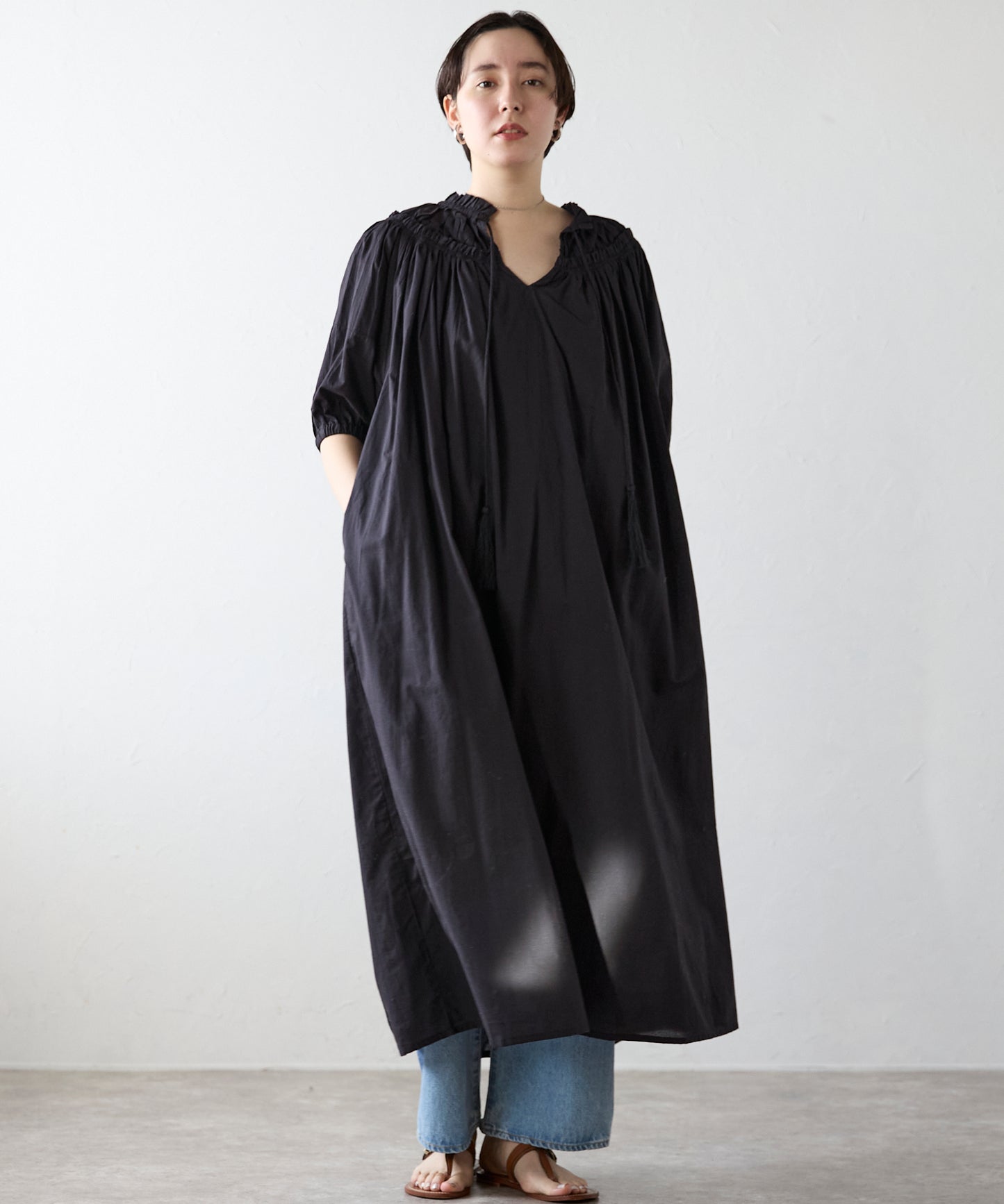 Indian cambric neck gather frill one-piece　インドキャンブリックネックギャザーフリルワンピ