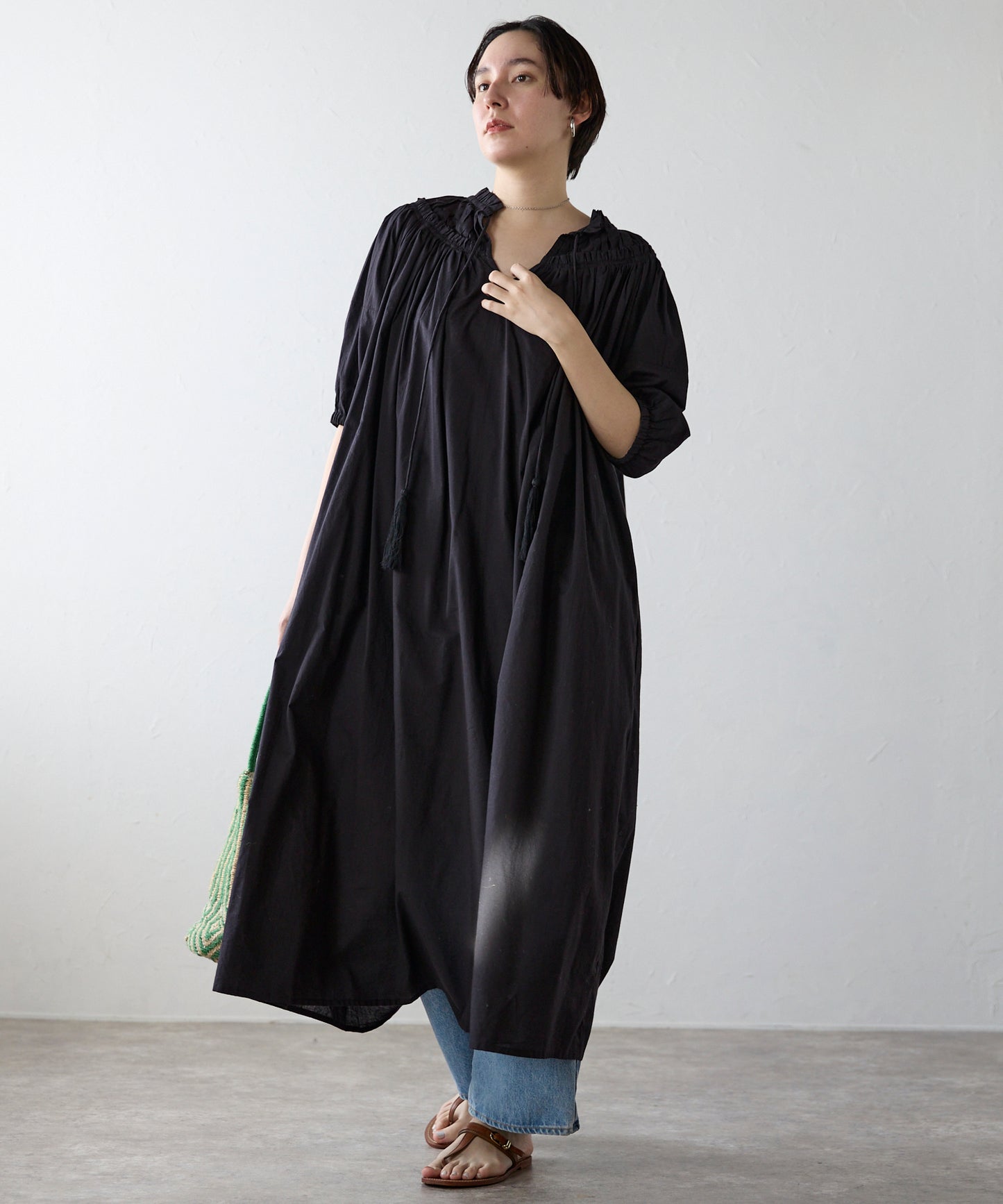 Indian cambric neck gather frill one-piece　インドキャンブリックネックギャザーフリルワンピ