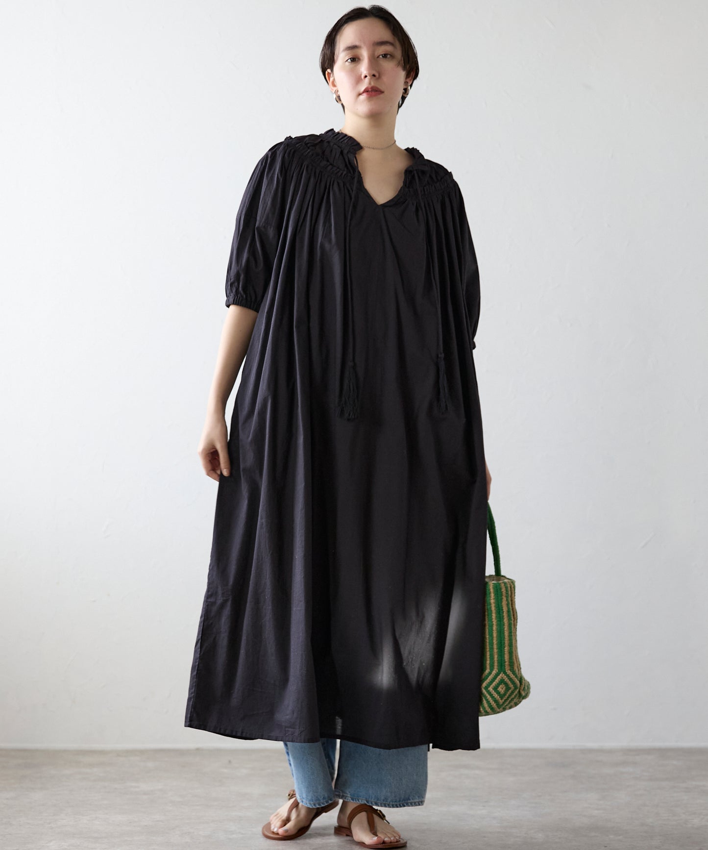 Indian cambric neck gather frill one-piece　インドキャンブリックネックギャザーフリルワンピ