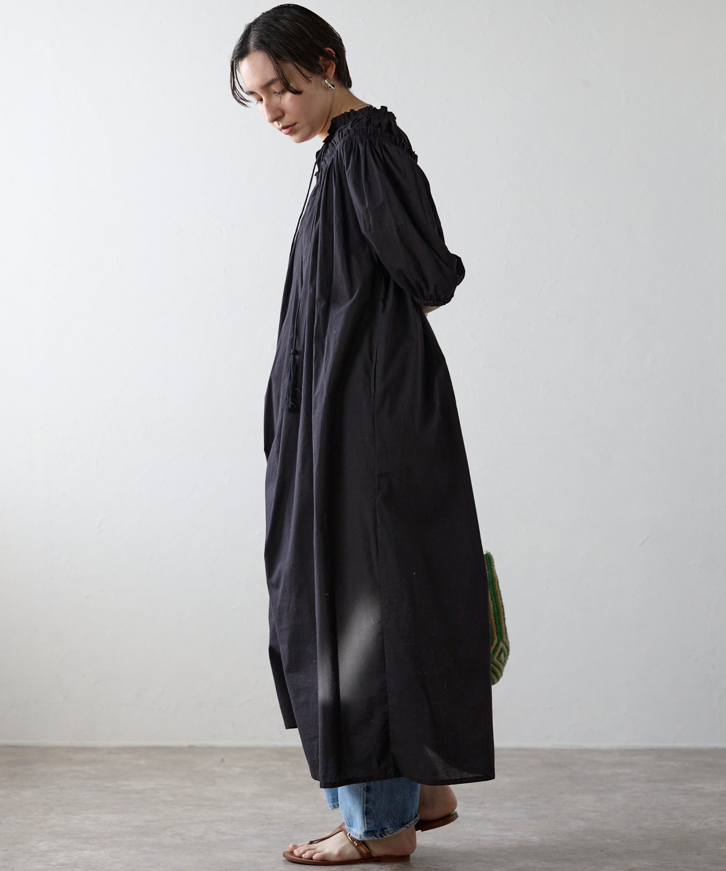 Indian cambric neck gather frill one-piece　インドキャンブリックネックギャザーフリルワンピ