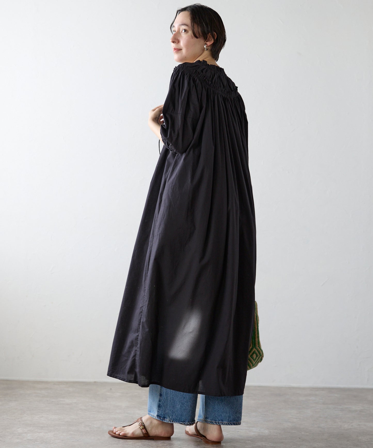 Indian cambric neck gather frill one-piece　インドキャンブリックネックギャザーフリルワンピ