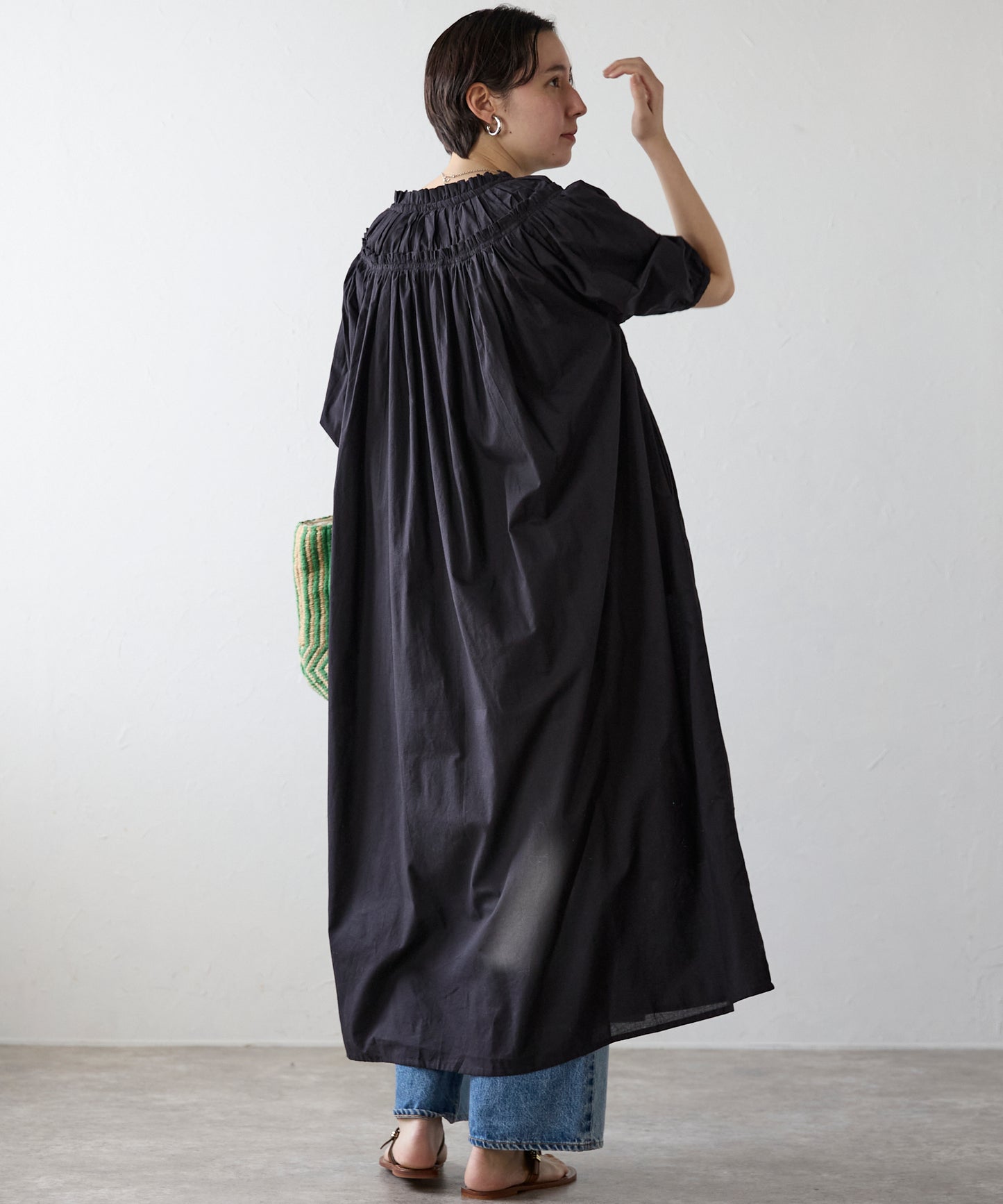 Indian cambric neck gather frill one-piece　インドキャンブリックネックギャザーフリルワンピ