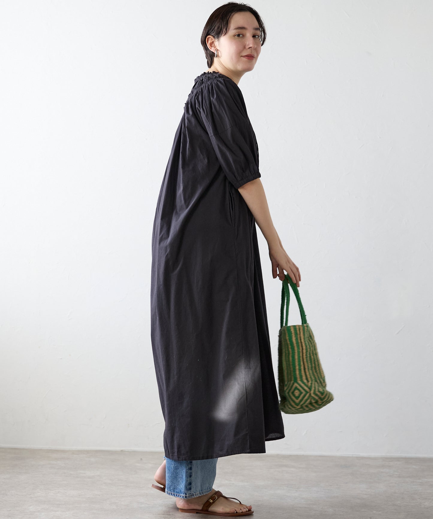 Indian cambric neck gather frill one-piece　インドキャンブリックネックギャザーフリルワンピ