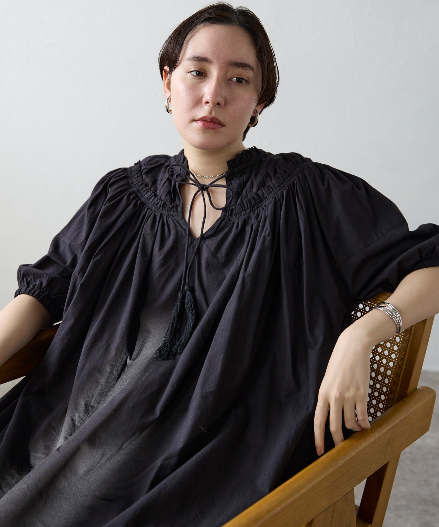 Indian cambric neck gather frill one-piece　インドキャンブリックネックギャザーフリルワンピ